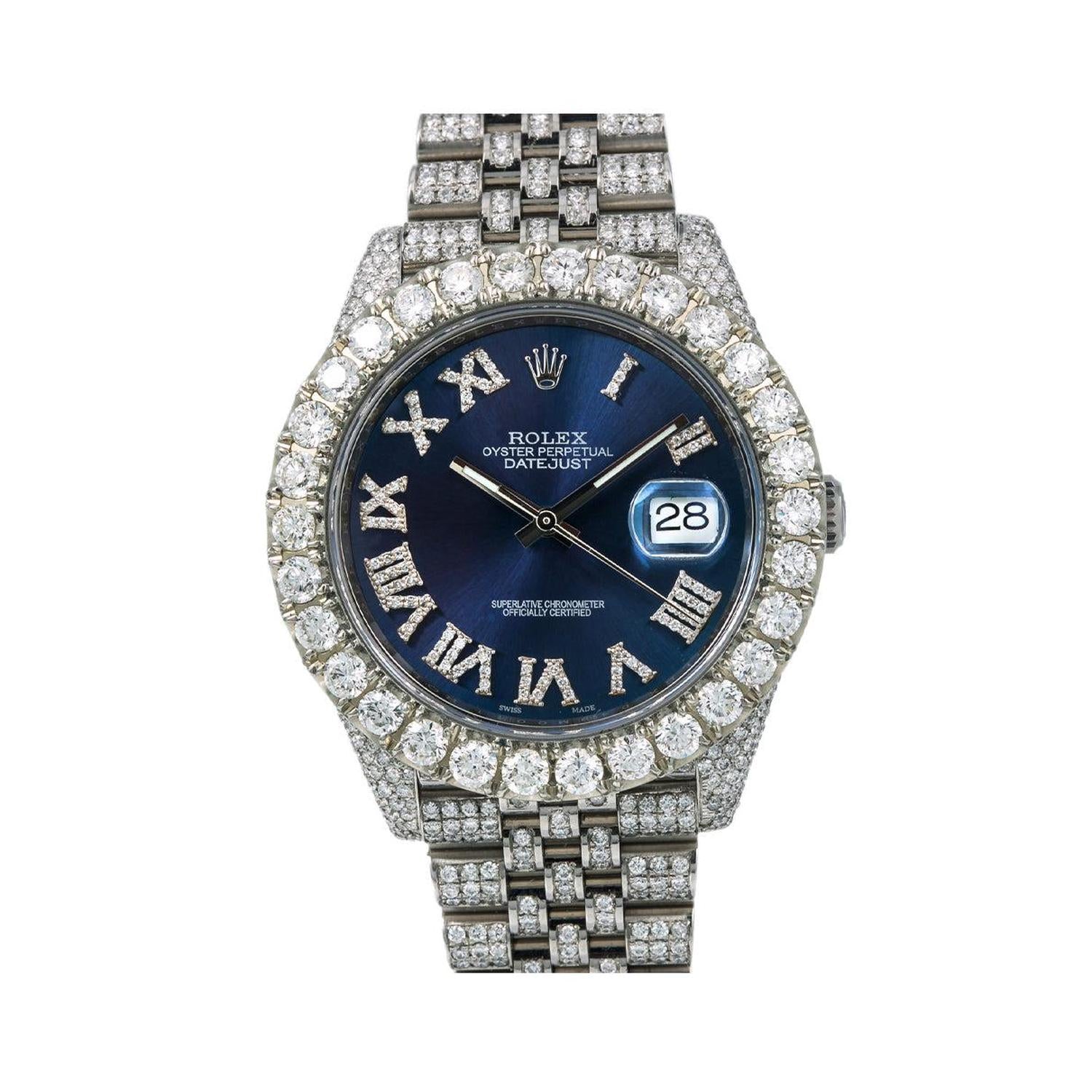 Rolex Datejust 41MM 126300 Blue Roman Dial Diamond Bezel Full Diamond Oyster Bracelet