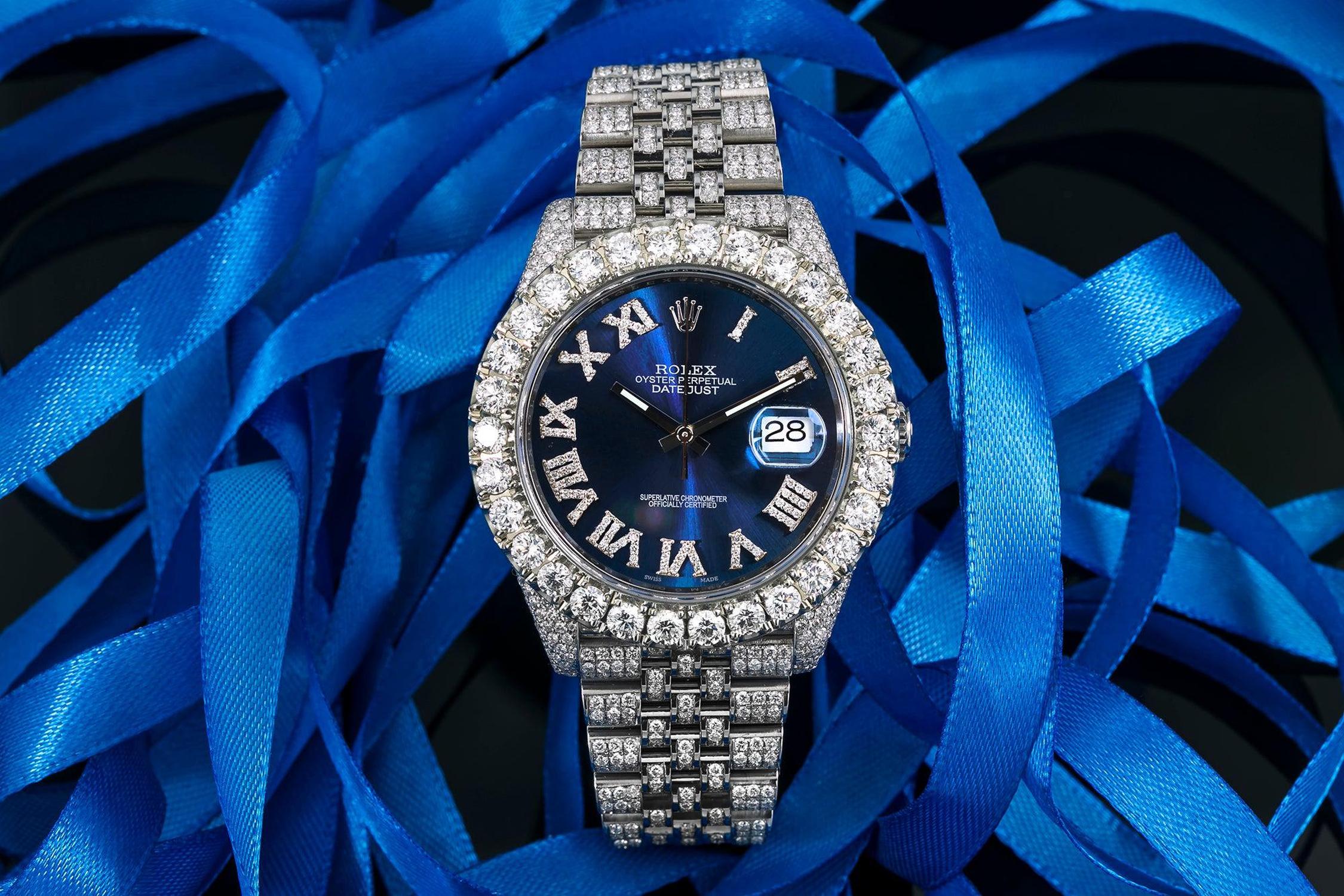 Rolex Datejust 41MM 126300 Blue Roman Diamond Dial Diamond Bezel Stainless Steel Full Diamond Jubilee Bracelet