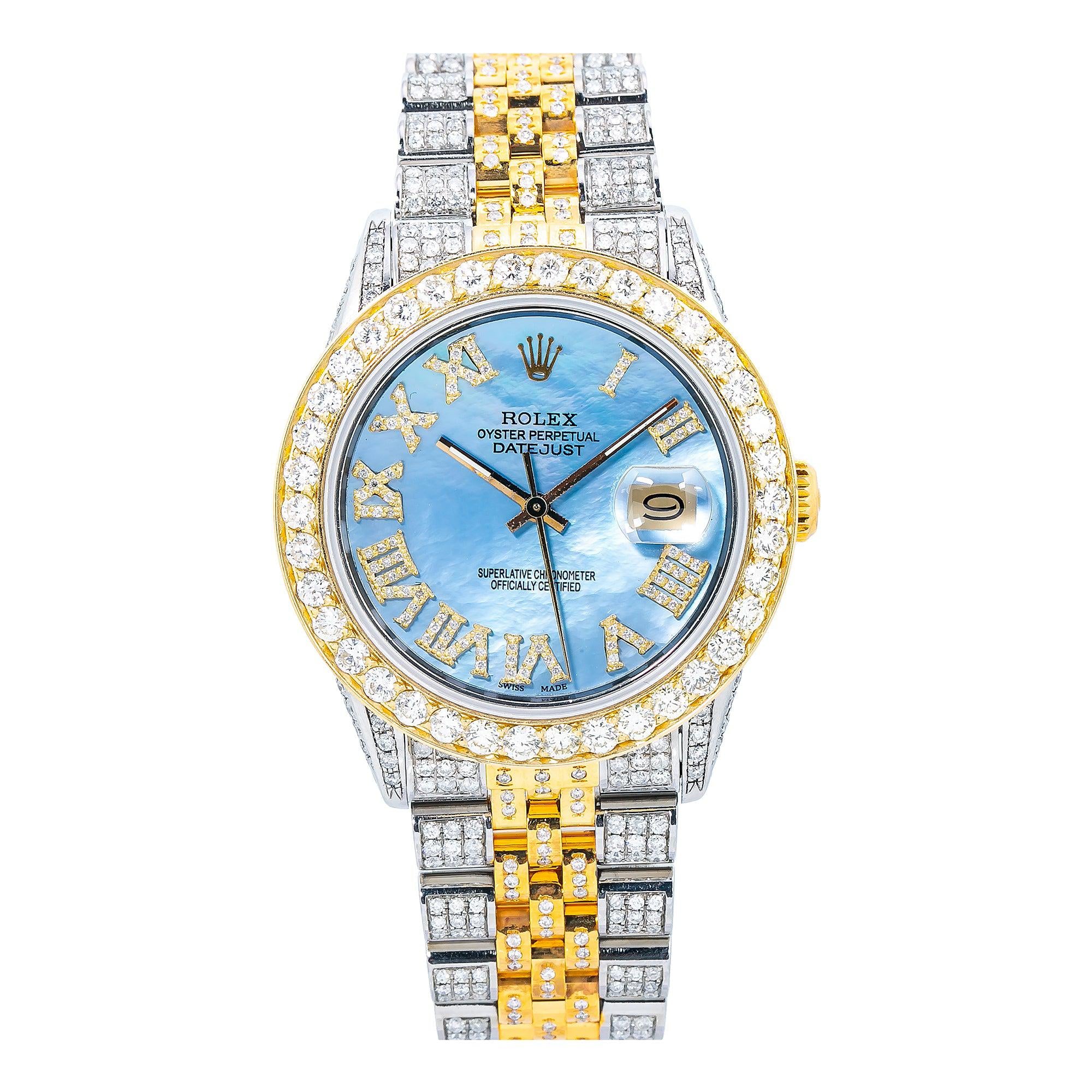 Rolex Datejust 36MM 16013 Blue Mother of Pearl Roman Dial Diamond Bezel Two Tone Full Diamond Jubilee Bracelet 8.25ct