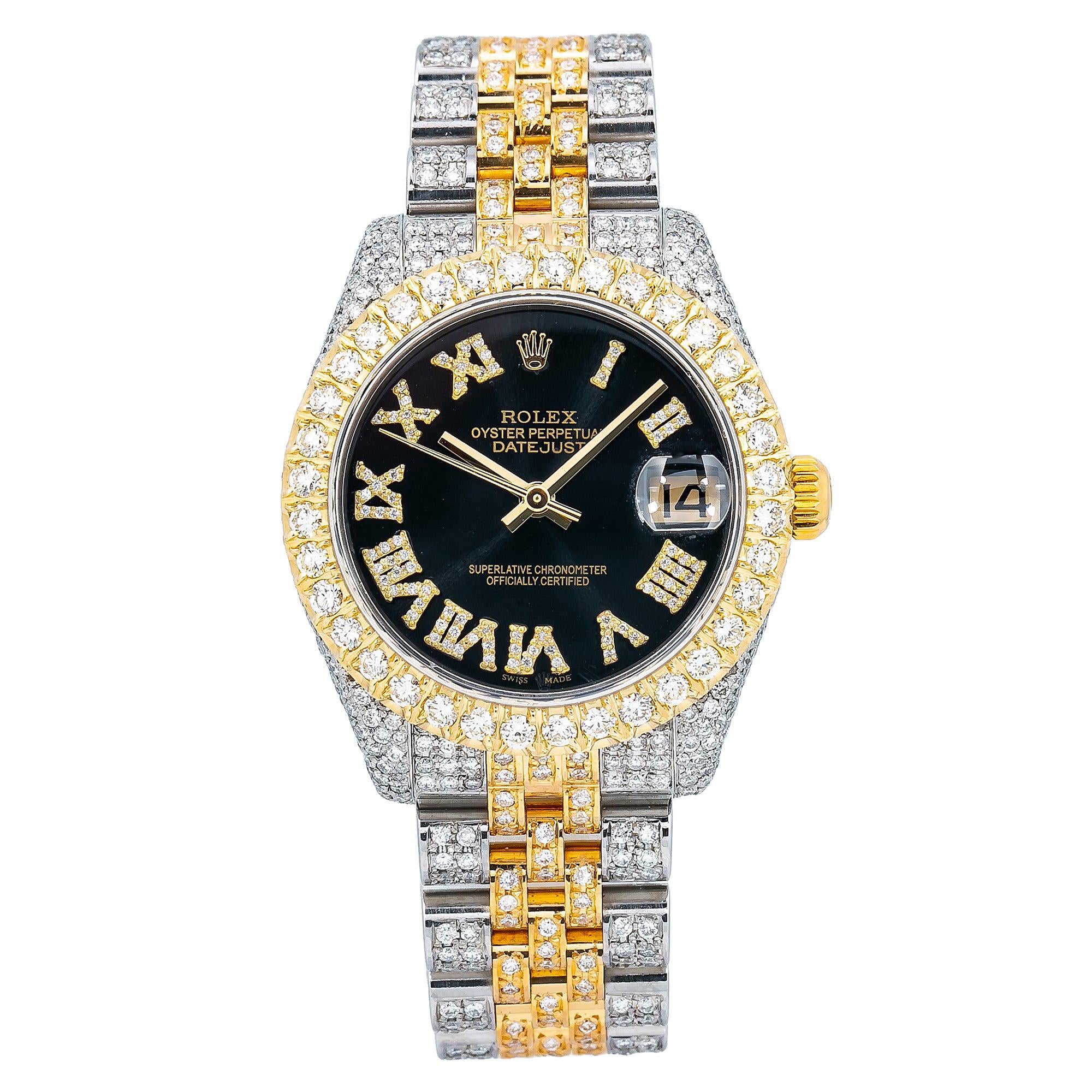 Rolex Datejust 31MM 178273 Black Roman Dial Diamond Bezel Two Tone Full Diamond Jubilee Bracelet
