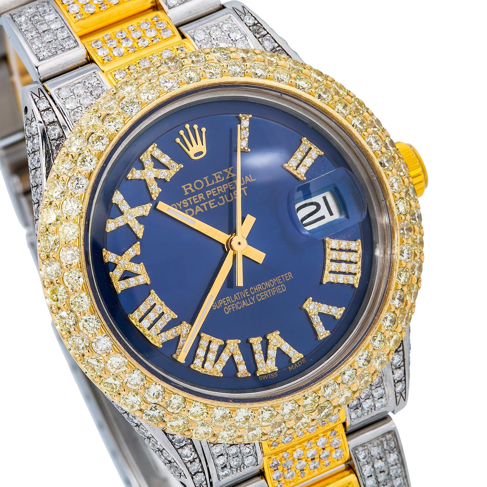 Rolex Datejust 36MM 1601 Blue Roman Diamond Dial Diamond Bezel Two Tone Yellow Gold Full Diamond Oyster Bracelet