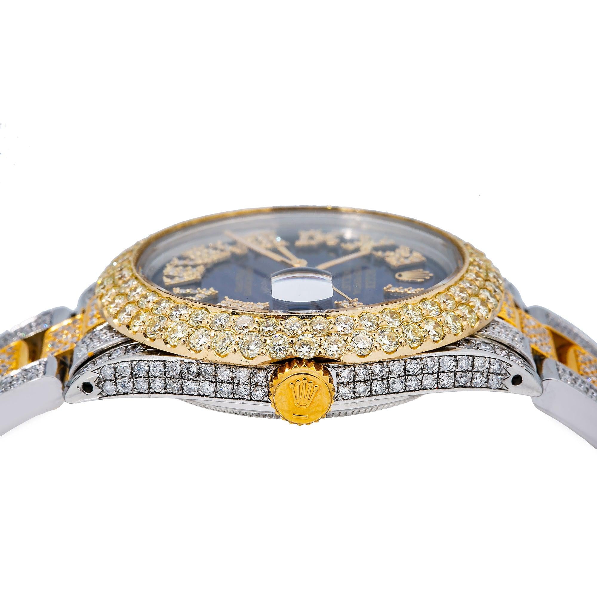 Rolex Datejust 36MM 1601 Blue Roman Diamond Dial Diamond Bezel Two Tone Yellow Gold Full Diamond Oyster Bracelet