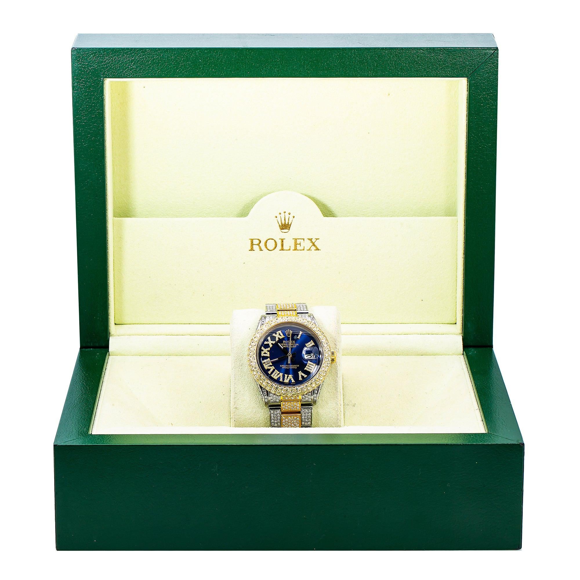 Rolex Datejust 36MM 1601 Blue Roman Diamond Dial Diamond Bezel Two Tone Yellow Gold Full Diamond Oyster Bracelet