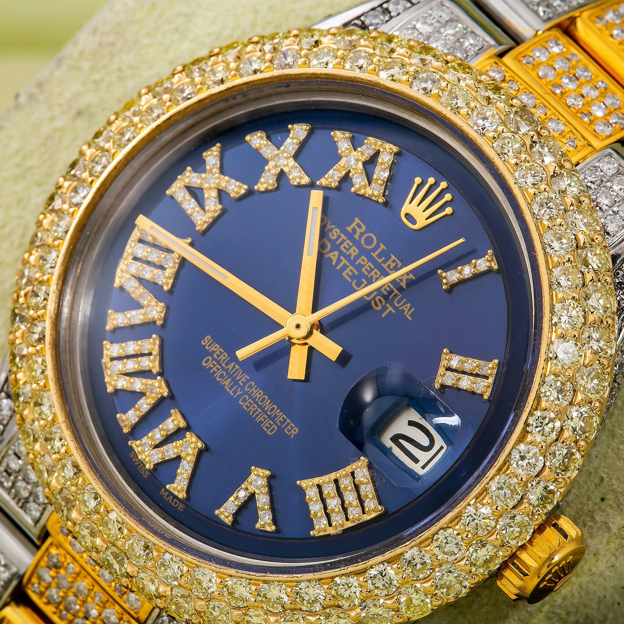 Rolex Datejust 36MM 1601 Blue Roman Diamond Dial Diamond Bezel Two Tone Yellow Gold Full Diamond Oyster Bracelet