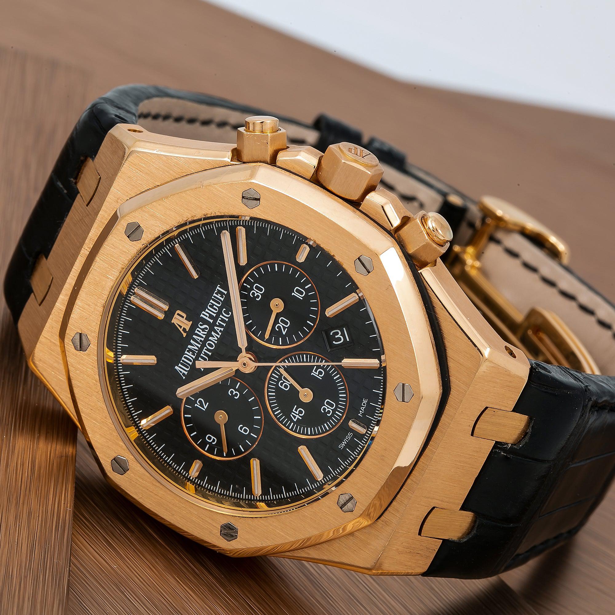 Audemars Piguet Royal Oak Chronograph 41MM 26320OR.OO.D002CR.01 Black Dial Rose Gold Bezel Black Rubber Band