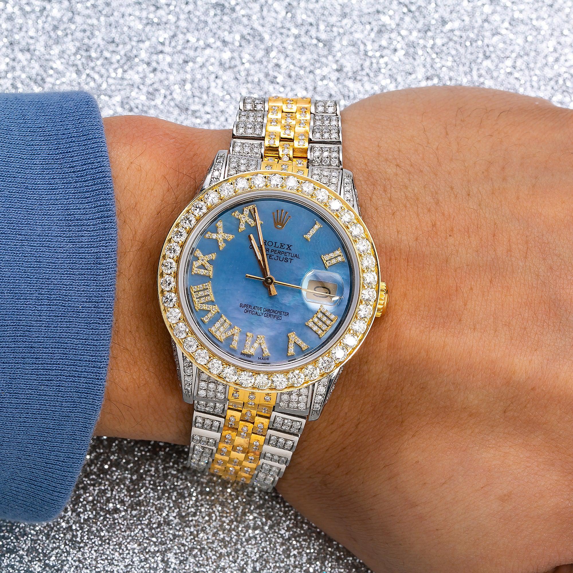 Rolex Datejust 36MM 16013 Blue Mother of Pearl Roman Diamond Dial Diamond Bezel Two Tone Yellow Gold Full Diamond Jubilee Bracelet 8.25ct