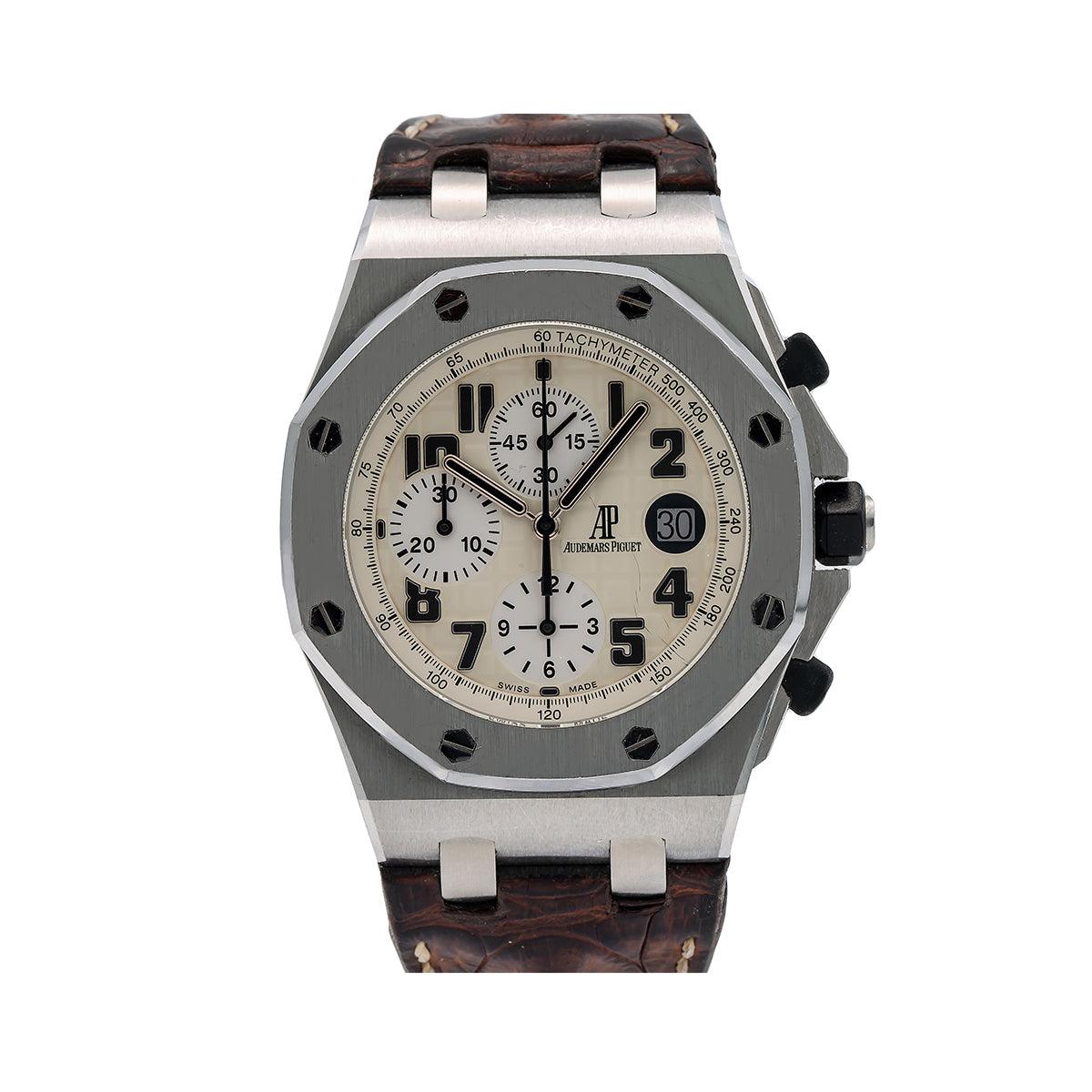 Audemars Piguet Royal Oak Offshore 42MM 26170ST.OO.D091CR.01 White Arabic Dial Stainless Steel Bezel Brown Alligator Leather Strap