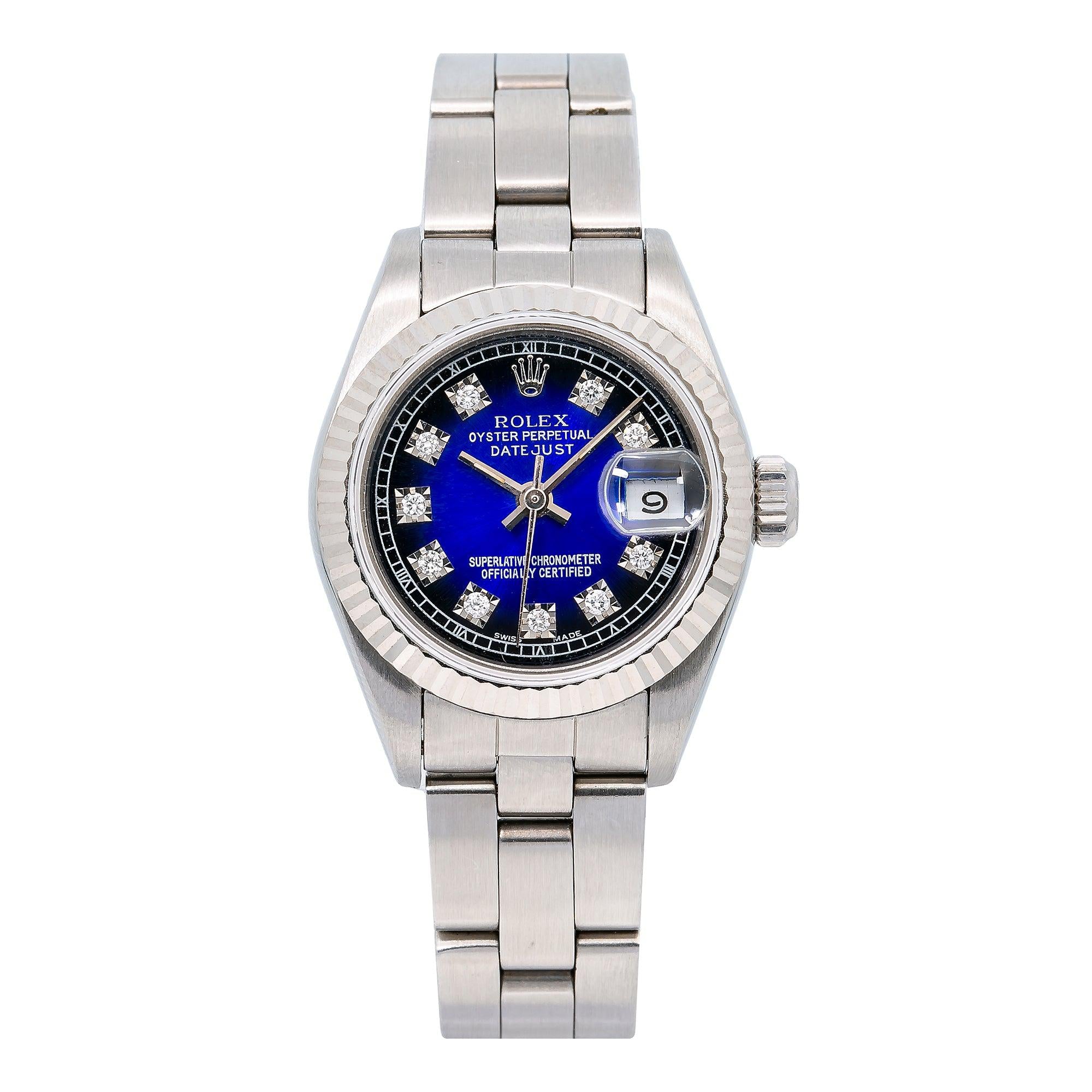 Rolex Datejust 26MM 69174 Blue Diamond Dial White Gold Fluted Bezel Stainless Steel Oyster Bracelet