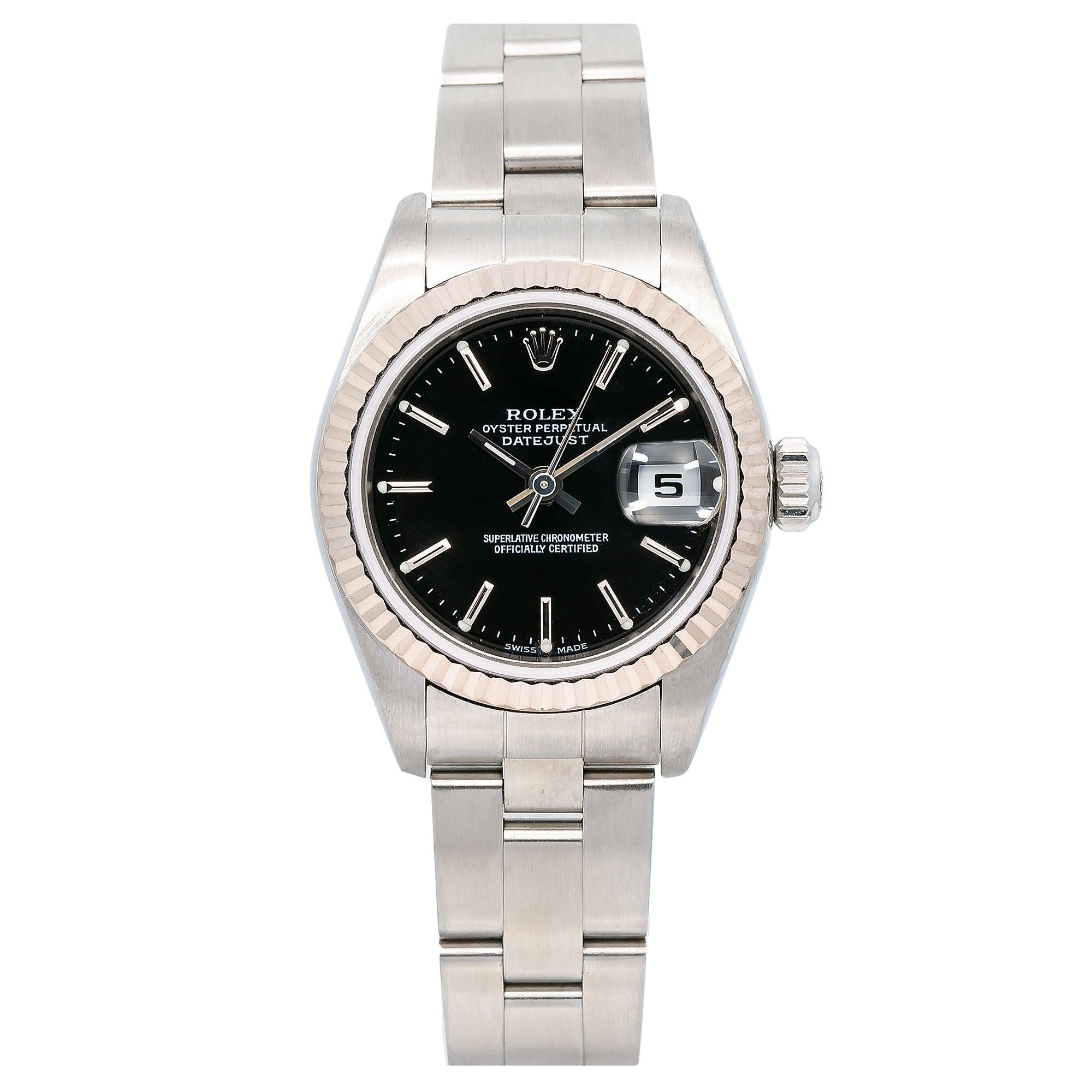 Rolex Datejust 26MM 79174 Black Dial White Gold Fluted Bezel Stainless Steel Oyster Bracelet