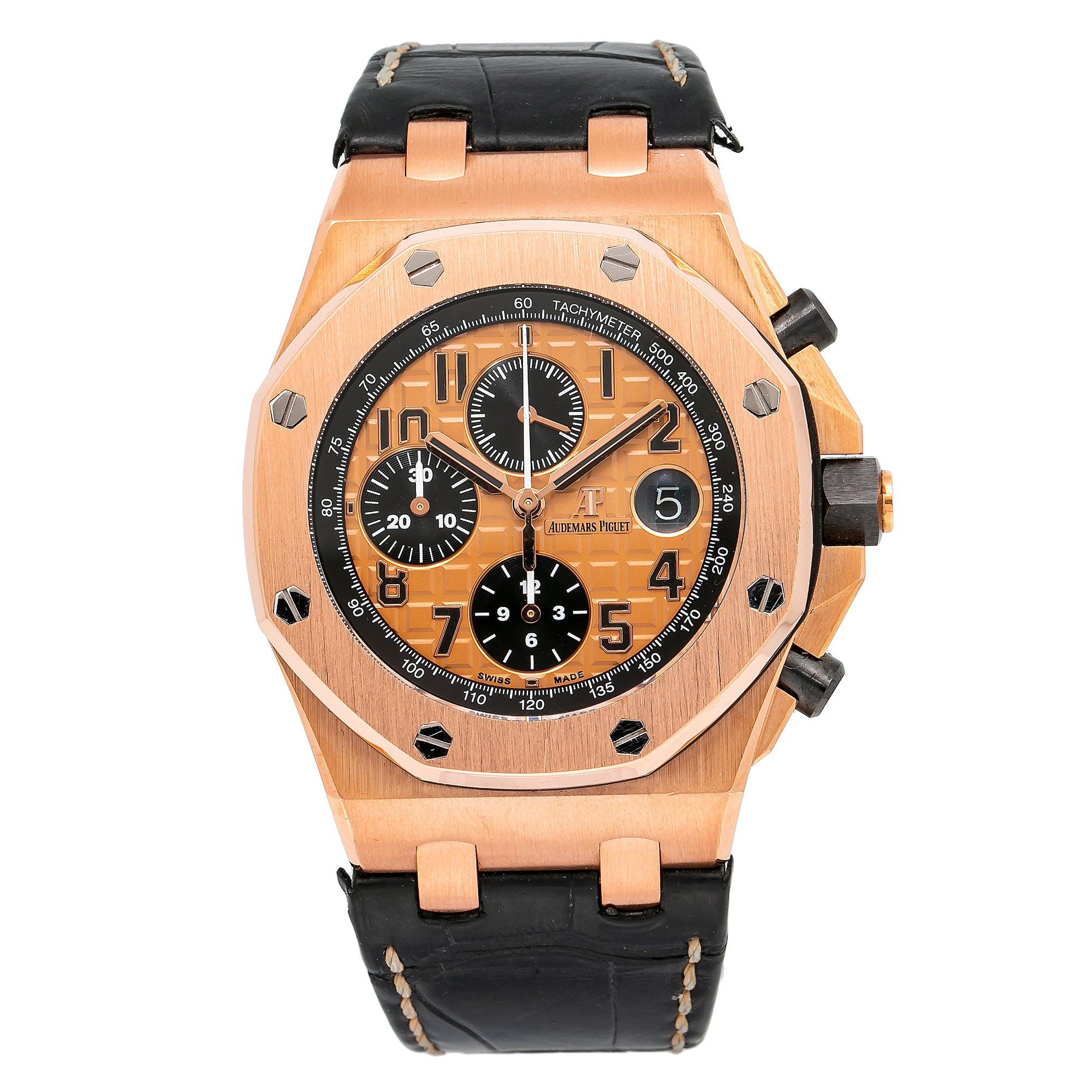 Audemars Piguet Royal Oak Offshore Chronograph 42MM 26470OR.OO.A002CR.01 Champagne Arabic Dial Rose Gold Bezel Black Alligator Leather Strap
