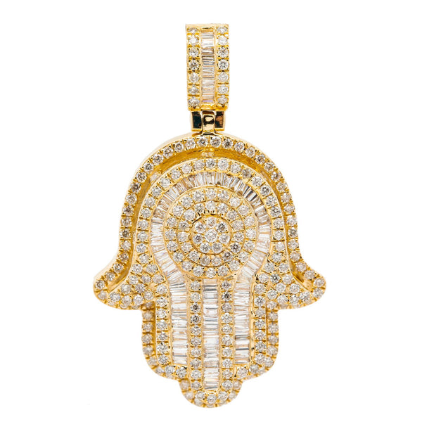 14K GOLD BAGUETTE DIAMOND 3D HAMSA PENDANT ROUND CLUSTER WITH 2 ROW BORDER 3.15 CT