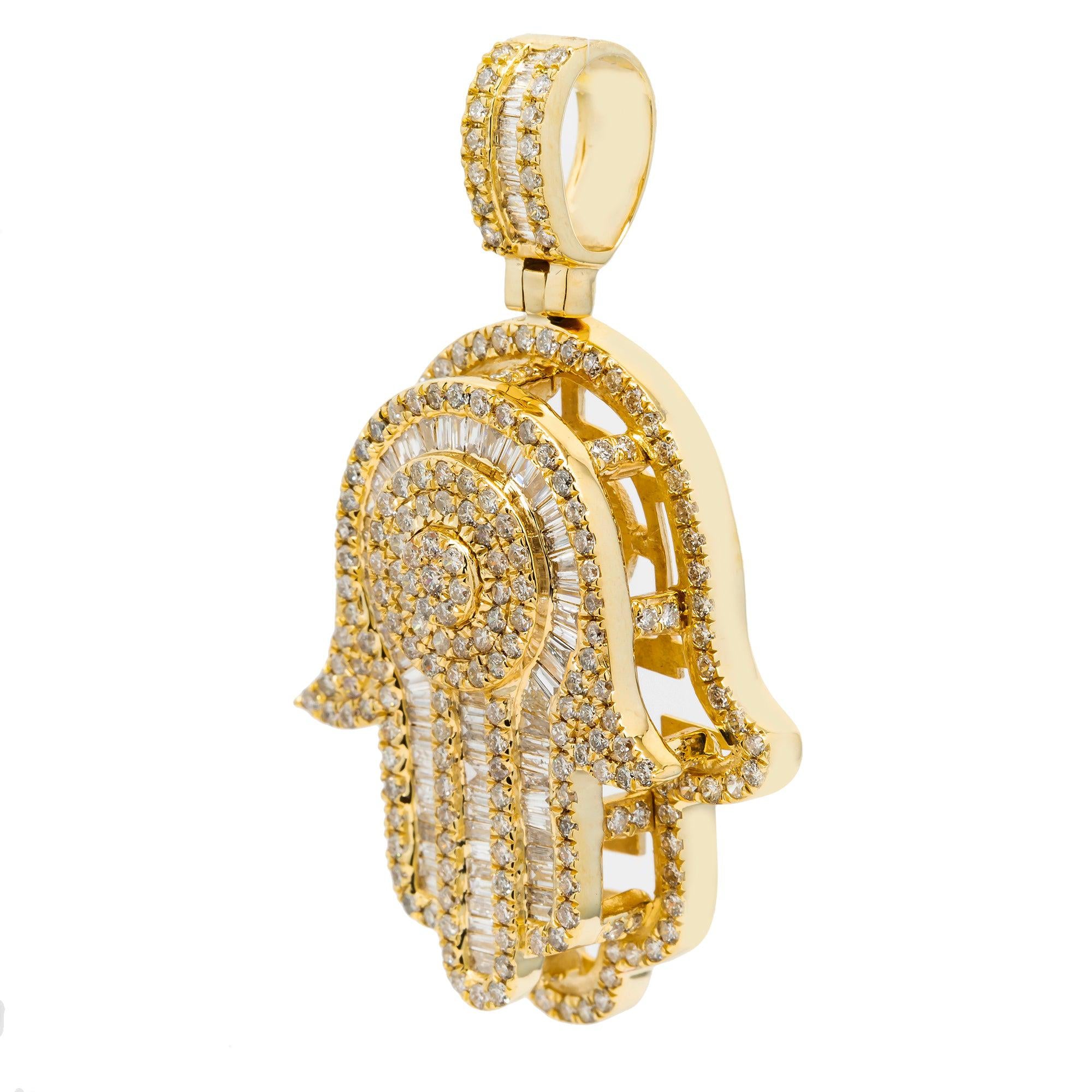 14K GOLD BAGUETTE DIAMOND 3D HAMSA PENDANT ROUND CLUSTER WITH 2 ROW BORDER 3.15 CT