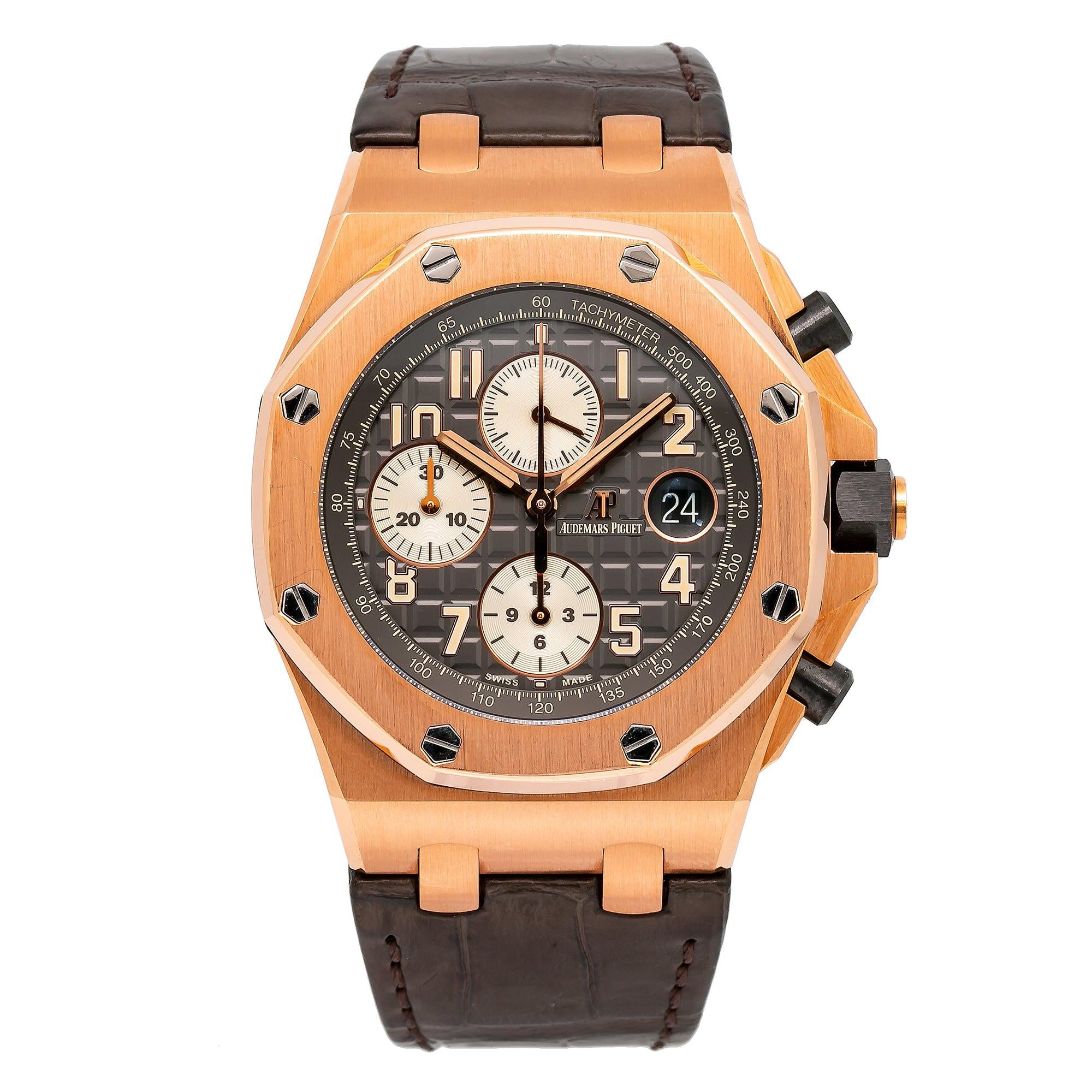 Audemars Piguet Royal Oak Offshore Chronograph 42MM 26470OR.OO.A125CR.01 Gray Arabic Dial Rose Gold Bezel Brown Alligator Leather Strap