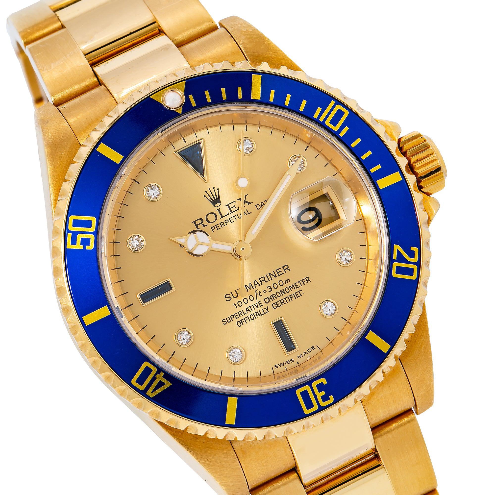 Rolex Submariner Date 40MM 16618 Champagne Diamond Dial Blue Ceramic Bezel 18K Yellow Gold Oyster Bracelet