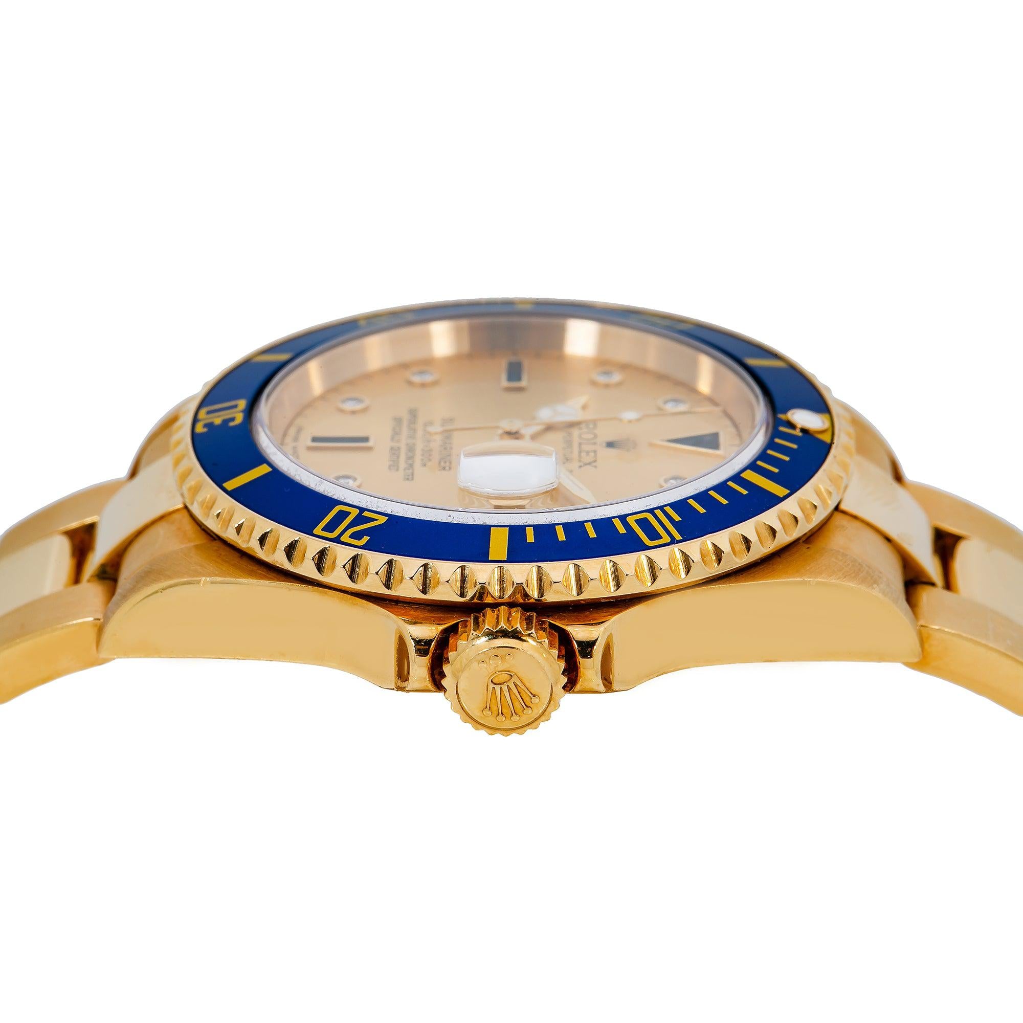 Rolex Submariner Date 40MM 16618 Champagne Diamond Dial Blue Ceramic Bezel 18K Yellow Gold Oyster Bracelet