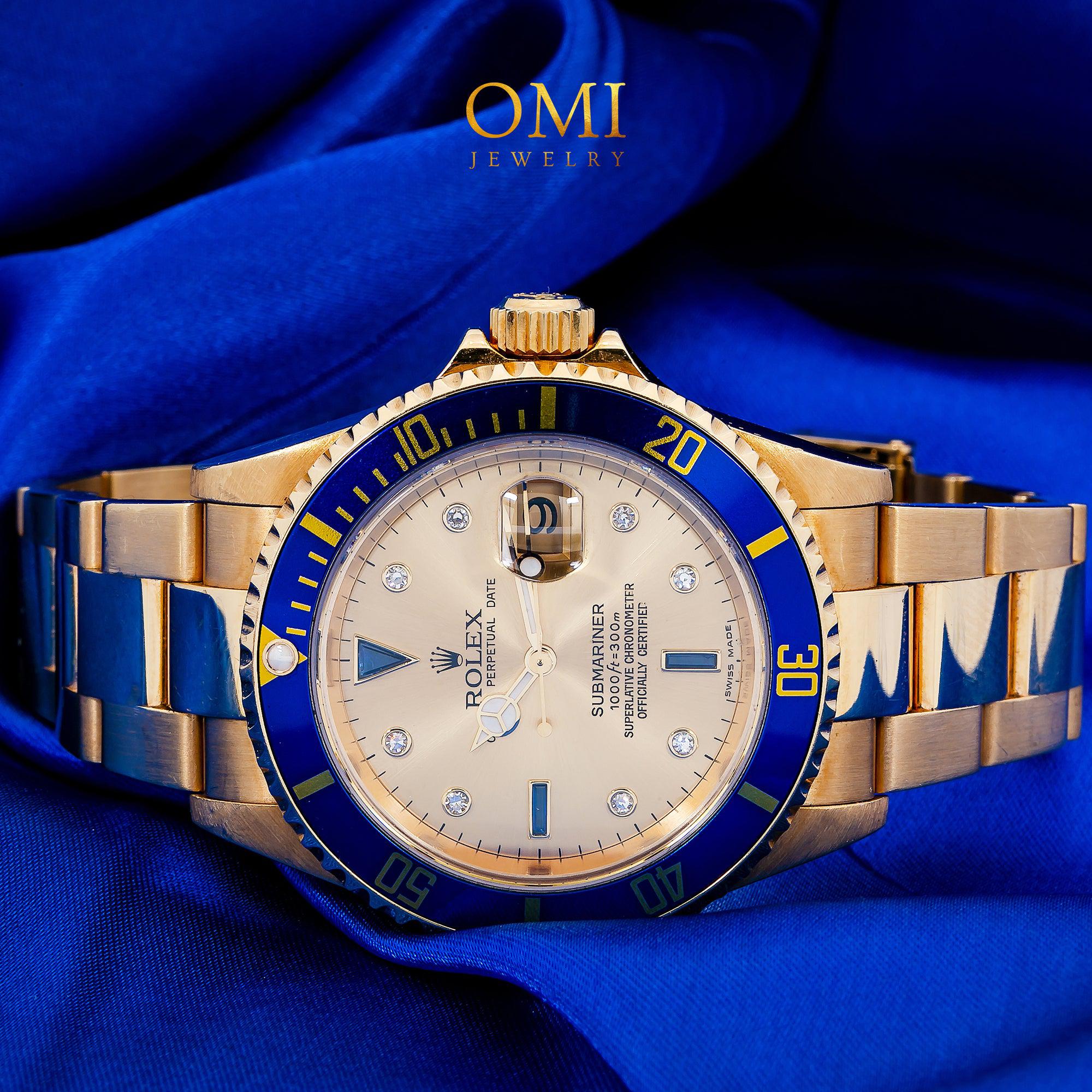 Rolex Submariner Date 40MM 16618 Champagne Diamond Dial Blue Ceramic Bezel 18K Yellow Gold Oyster Bracelet