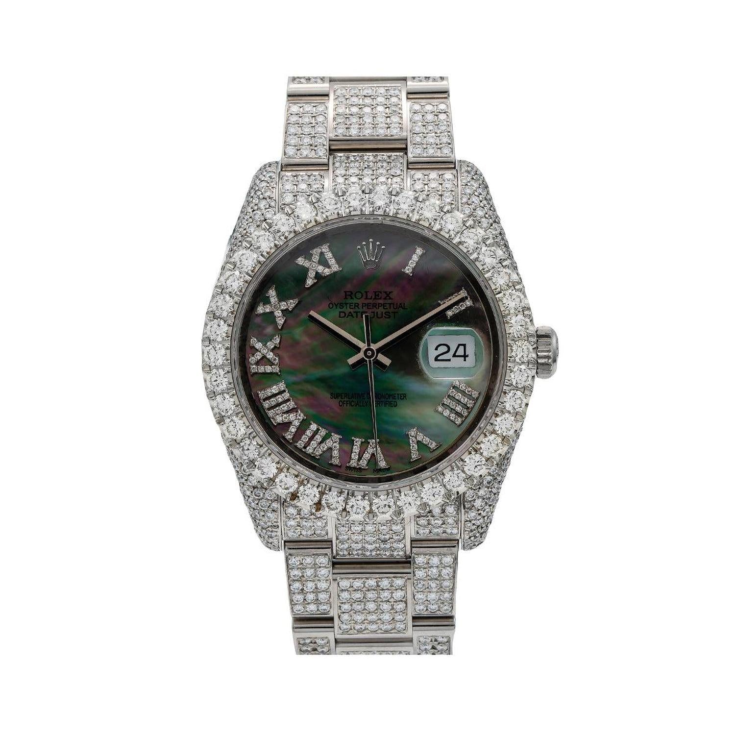 Rolex Datejust 36MM 116234 Black Mother of Pearl Roman Dial Diamond Bezel Full Diamond Oyster Bracelet 12.05ct