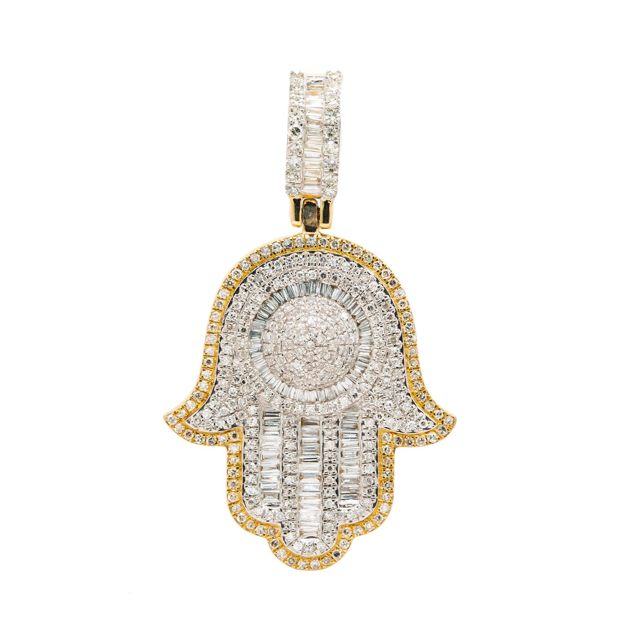 14K GOLD BAGUETTE DIAMOND HAMSA PENDANT WITH DOME MIDDLE 1.45 CT