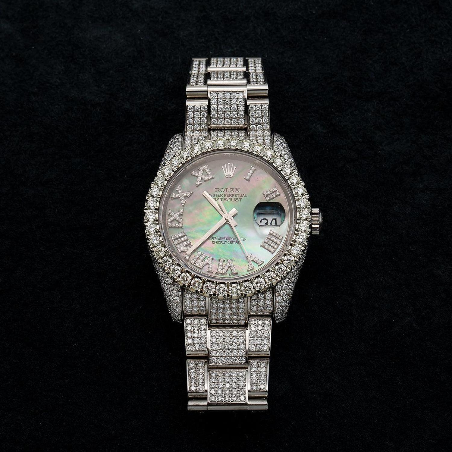 Rolex Datejust 36MM 116234 Black Mother of Pearl Roman Diamond Dial Diamond Bezel Stainless Steel Full Diamond Oyster Bracelet 12.05ct