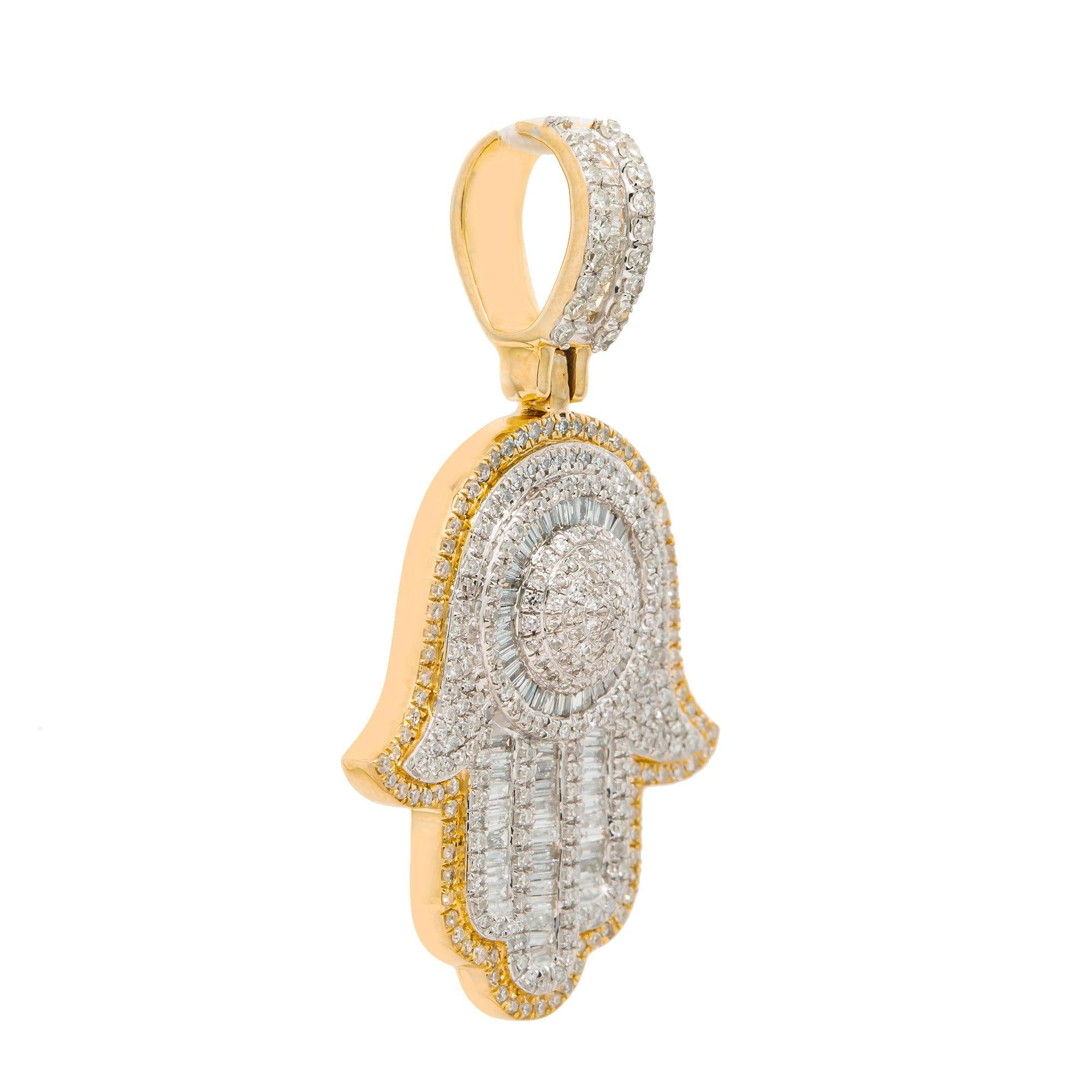 14K GOLD BAGUETTE DIAMOND HAMSA PENDANT WITH DOME MIDDLE 1.45 CT