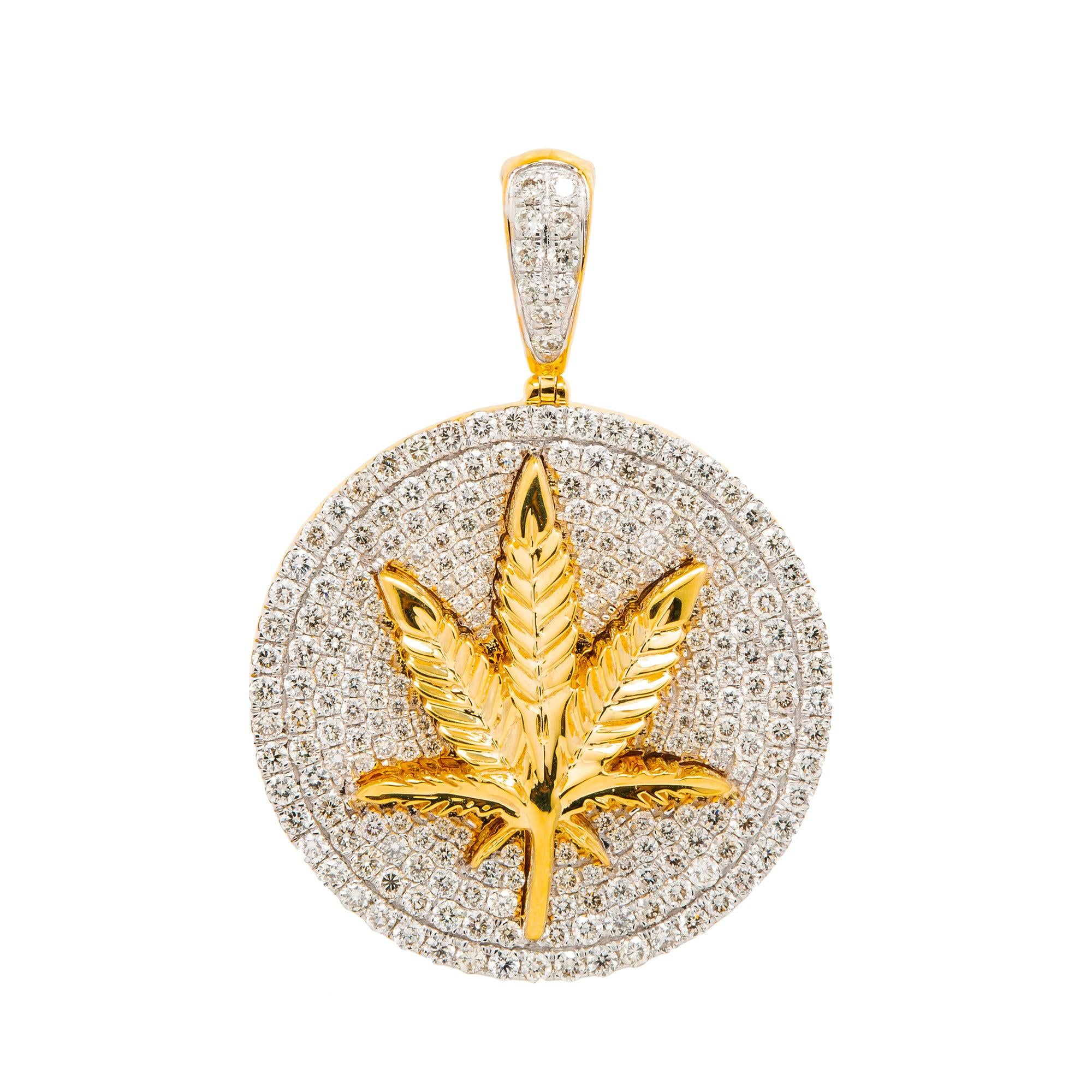 10K GOLD DIAMOND CANNABIS LEAF MEDALLION PENDANT 2.15 CT