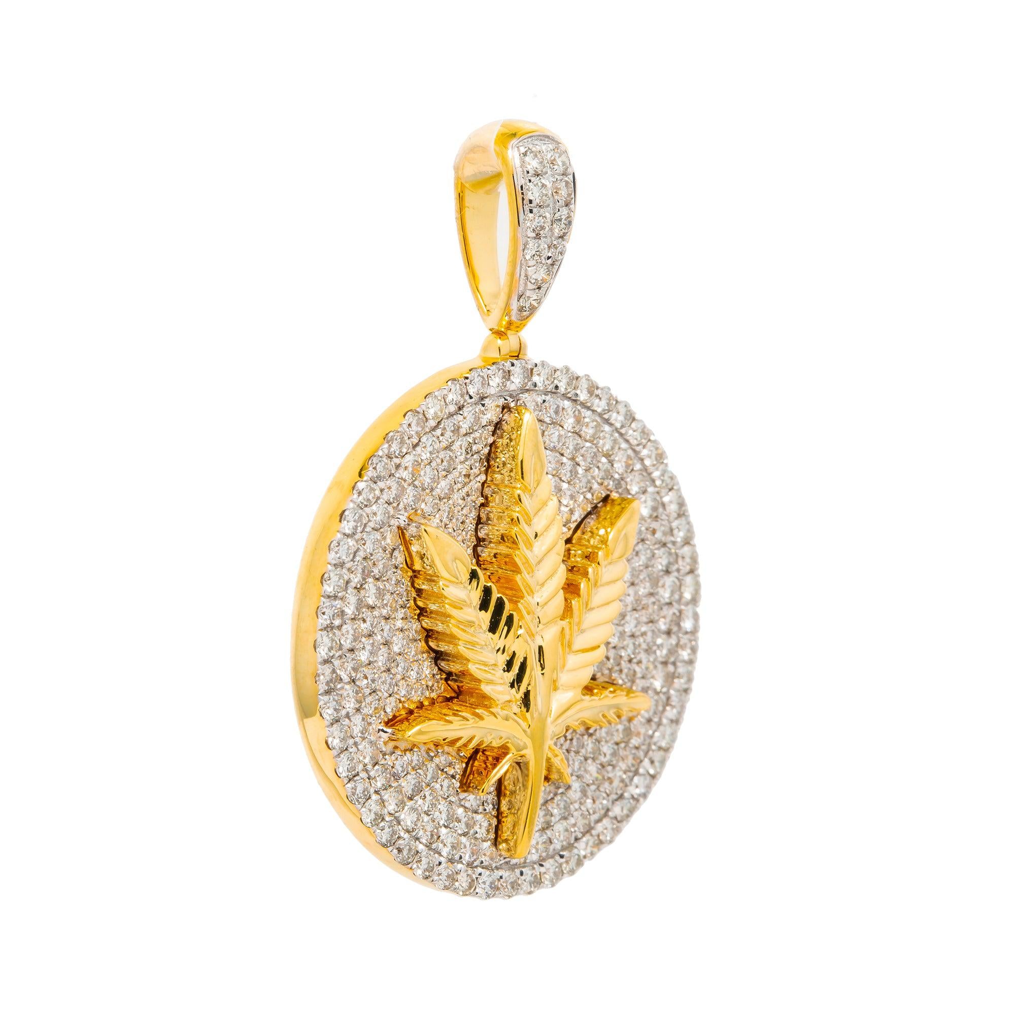 10K GOLD DIAMOND CANNABIS LEAF MEDALLION PENDANT 2.15 CT