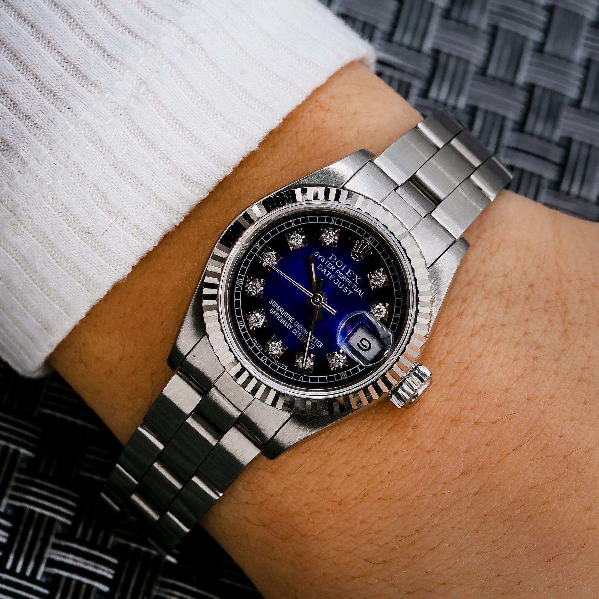 Rolex Datejust 26MM 69174 Blue Diamond Dial Fluted Bezel Stainless Steel Oyster Bracelet