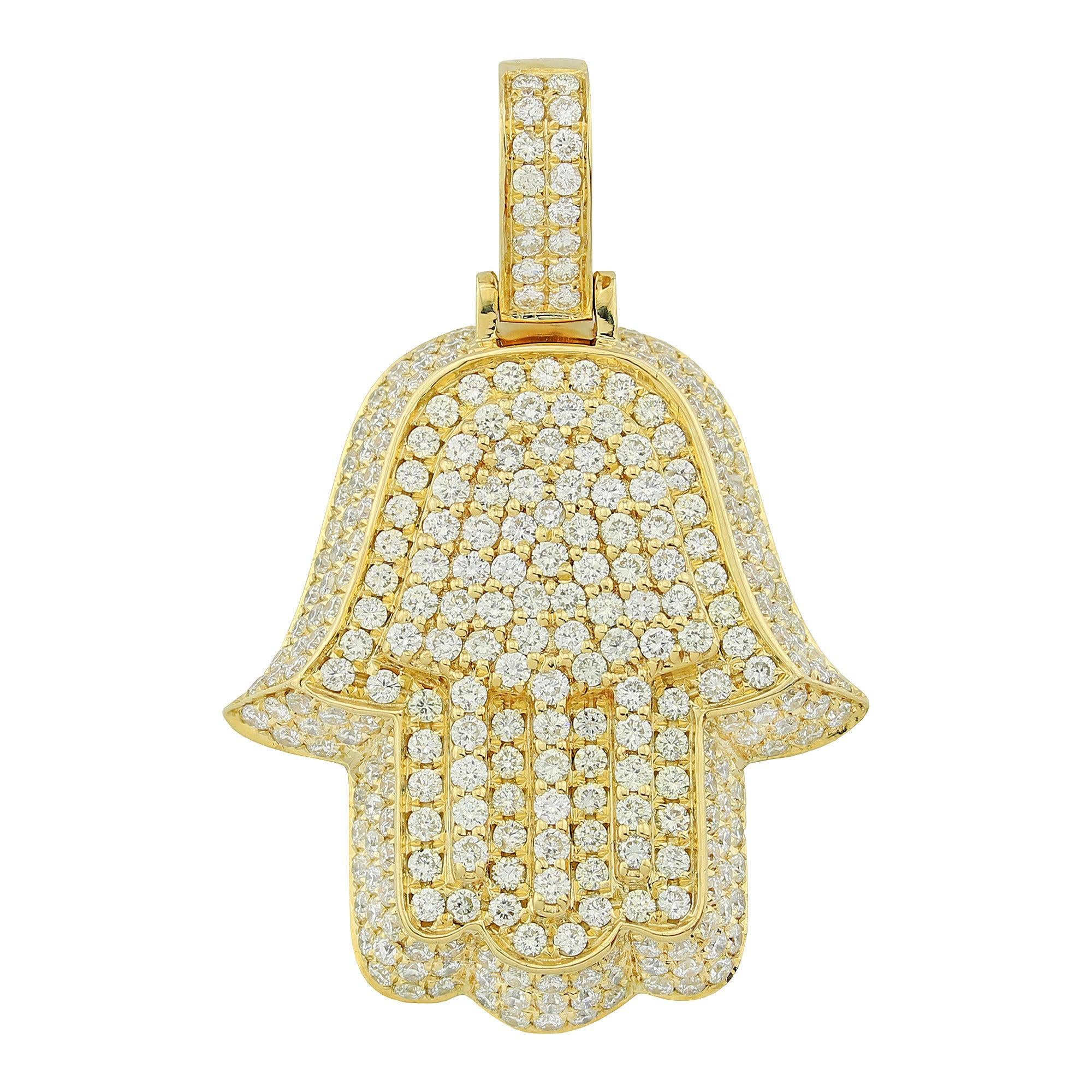 Yellow Gold 3D Hamsa Pendant With Diamonds