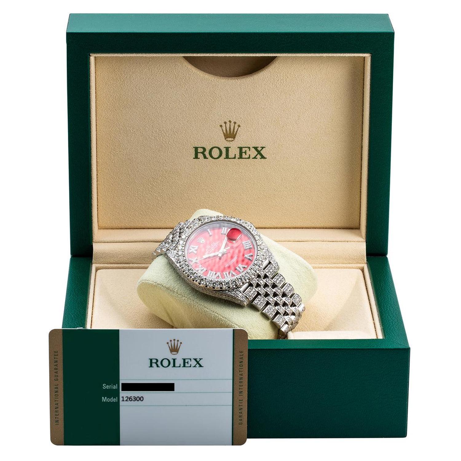 Rolex Datejust 41MM 116334 Red Roman Diamond Dial Diamond Bezel Stainless Steel Full Diamond Jubilee Bracelet 11.75ct