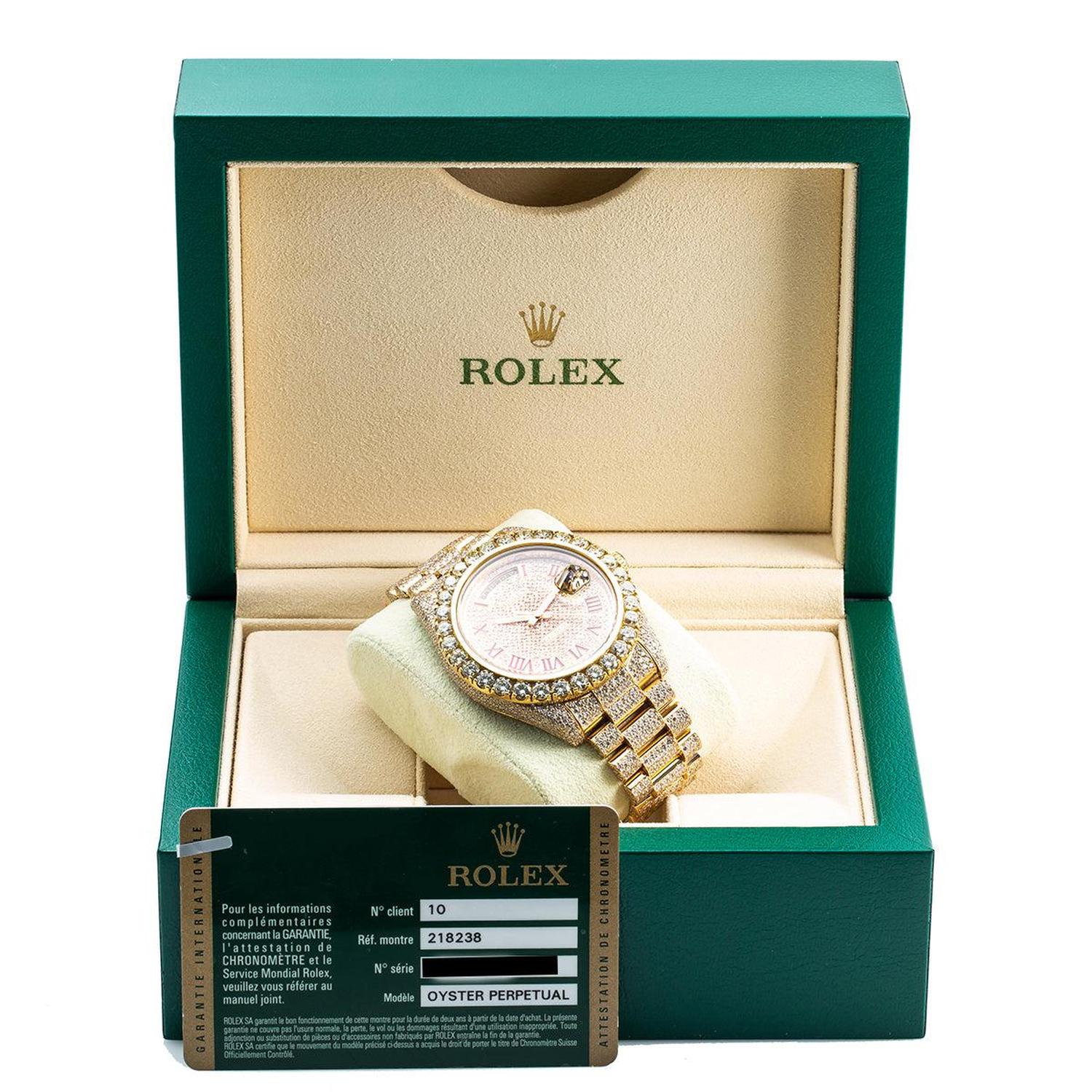 Rolex Day-Date II 41MM 218238 Diamond Paved Red Roman Dial Diamond Bezel 18K Yellow Gold Full Diamond President Bracelet 21.75ct
