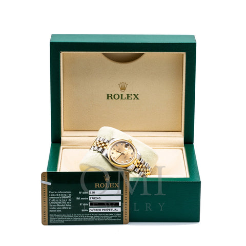 Rolex DateJust Two Tone Diamond Watch, 178243 31mm, Champagne Dial with Diamond Hour Markers
