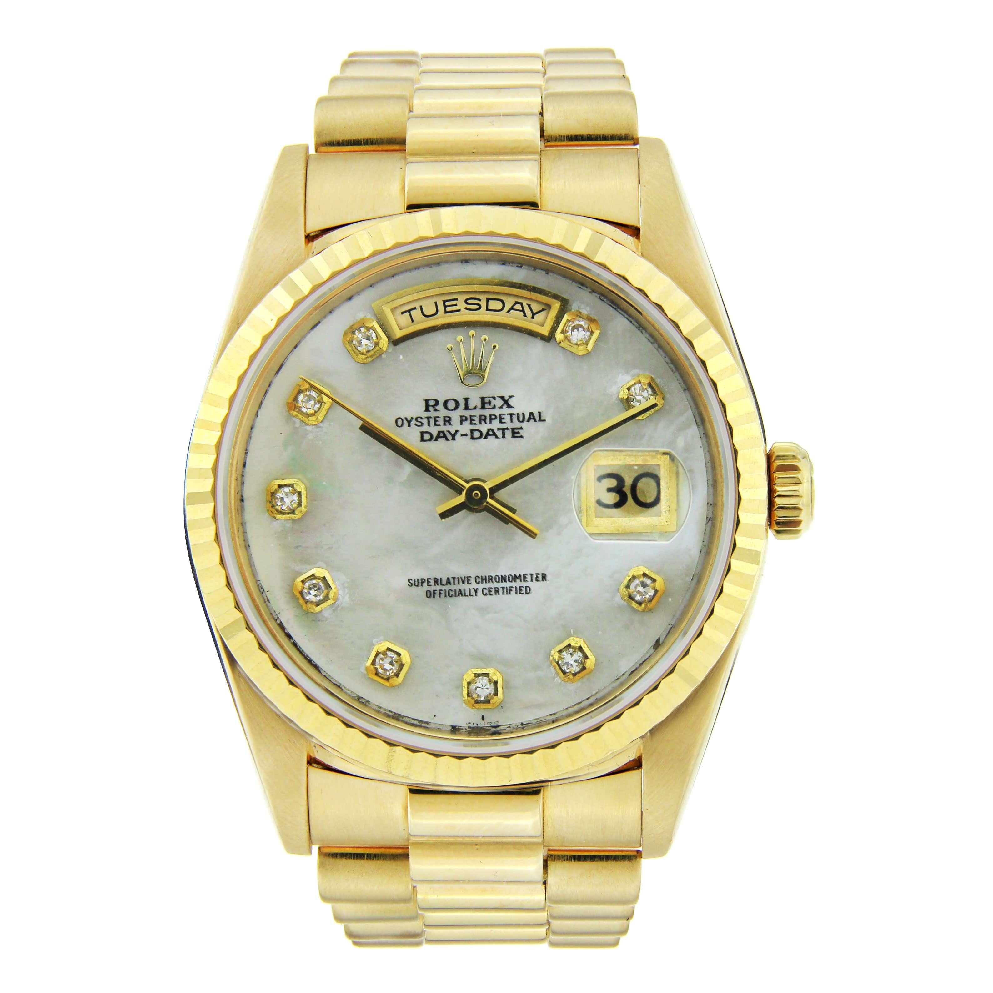 Rolex Day-Date 36MM 18038 Mother of Pearl Diamond Dial Yellow Gold Fluted Bezel 18K Yellow Gold President Bracelet