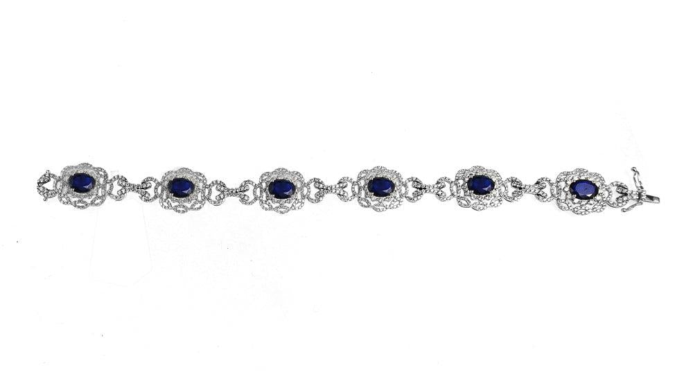 18K White Gold Blue Sapphire Gemstone Bracelet With 5.00 CT Round Diamonds 14.54 CTW