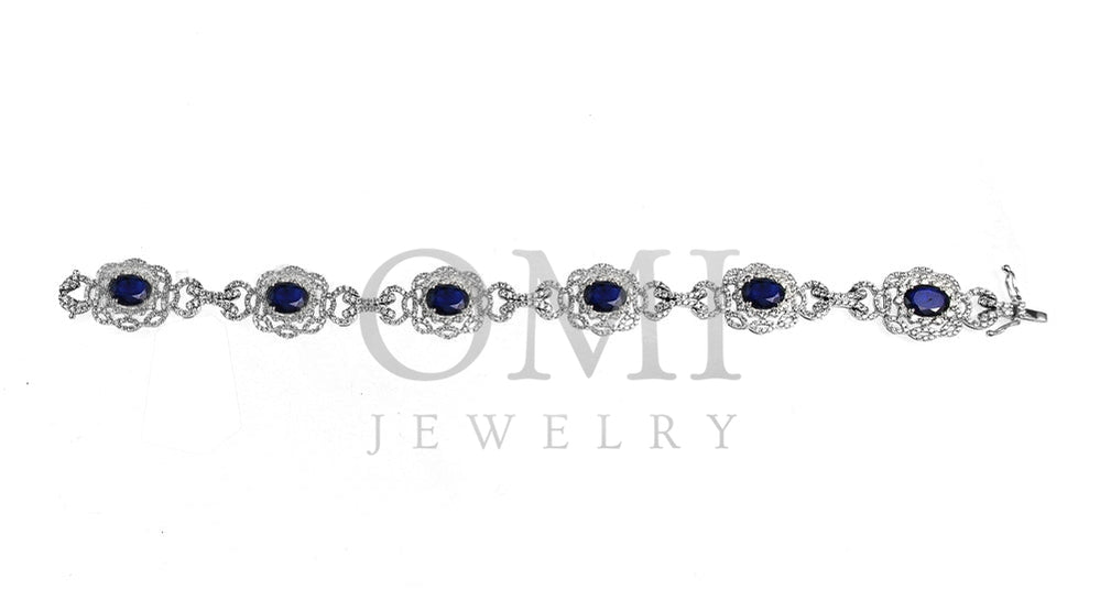 18K White Gold Blue Sapphire Gemstone Bracelet With 5.00 CT Round Diamonds 14.54 CTW