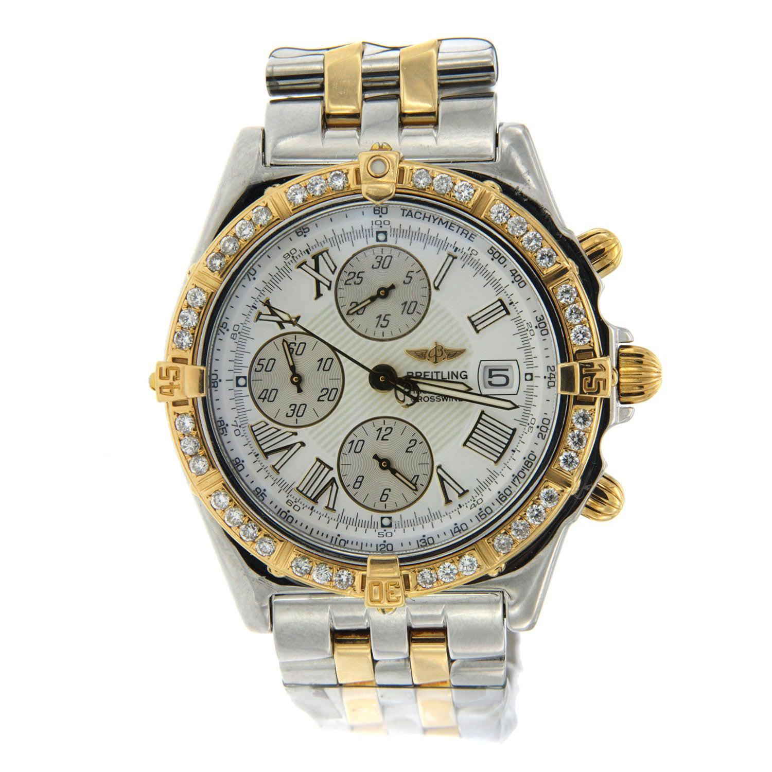Breitling Chronomat Crosswind Racing 43MM D13355 White Roman Dial Yellow Gold Diamond Bezel Two Tone Yellow Gold Bracelet