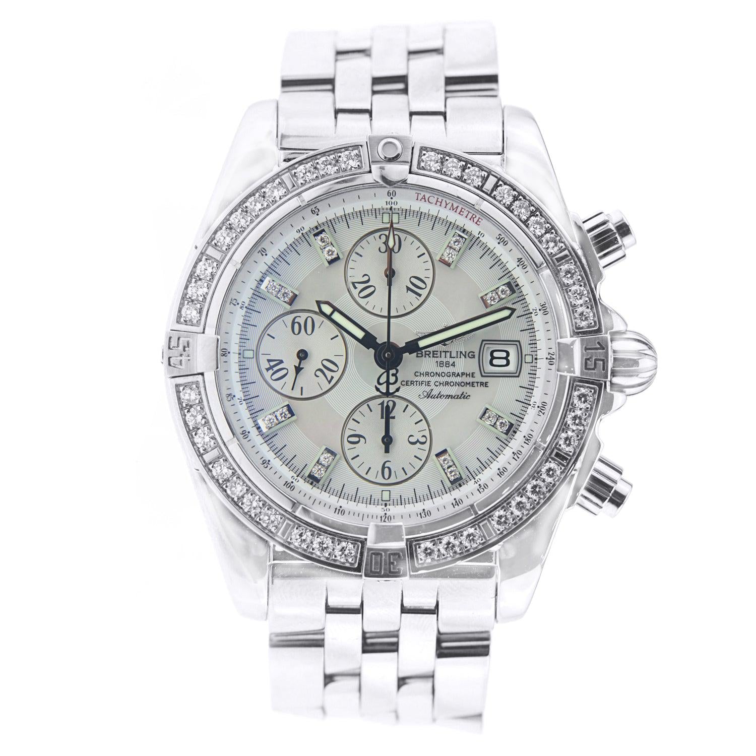 Breitling Chronomat Evolution 44MM A13356 Mother of Pearl Diamond Dial Diamond Bezel Stainless Steel Bracelet