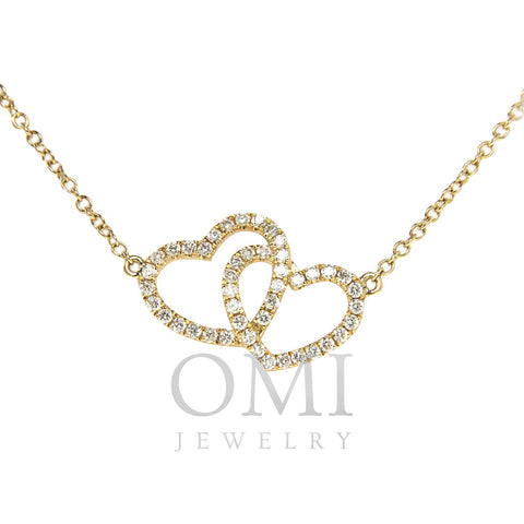 18K Yellow Gold Double Heart Diamond Pendant with Chain 0.66CT