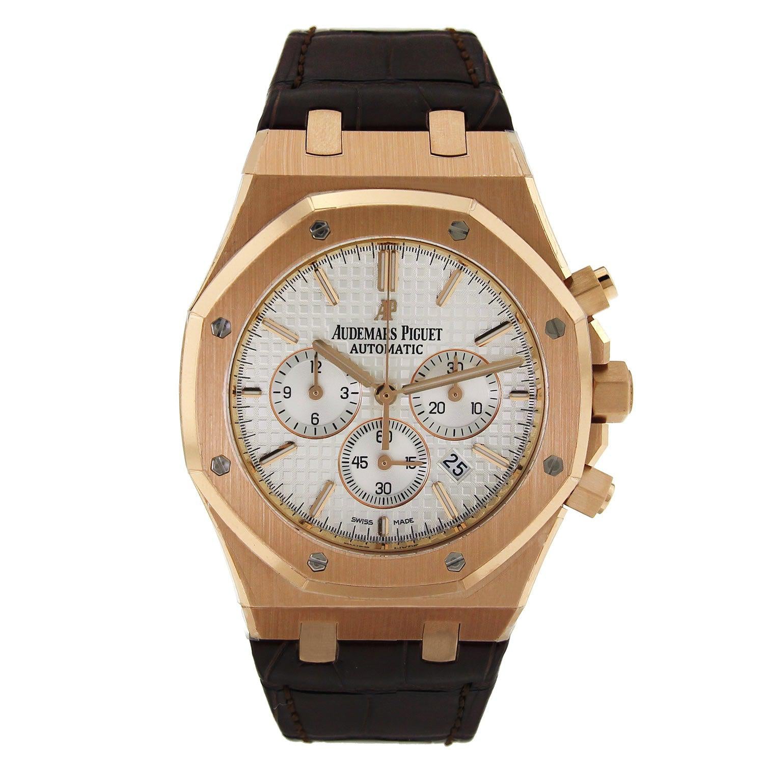 Audemars Piguet Royal Oak Chronograph 41MM 26320OR.OO.D088CR.01 White Dial Rose Gold Bezel Brown Alligator Leather Strap