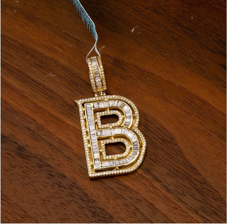 1.5 inch yellow gold Letter B pendant with baguettes