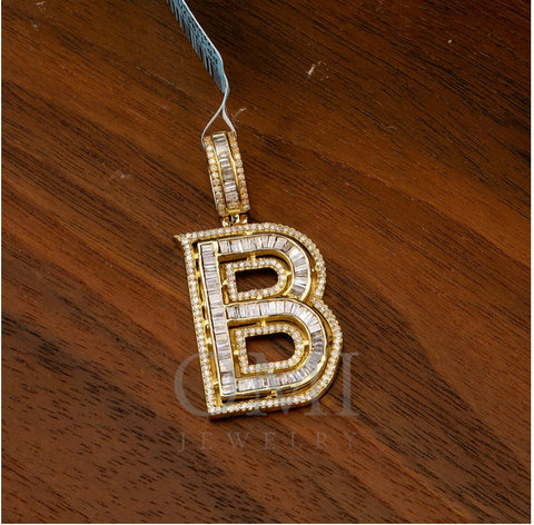1.5 inch yellow gold Letter B pendant with baguettes