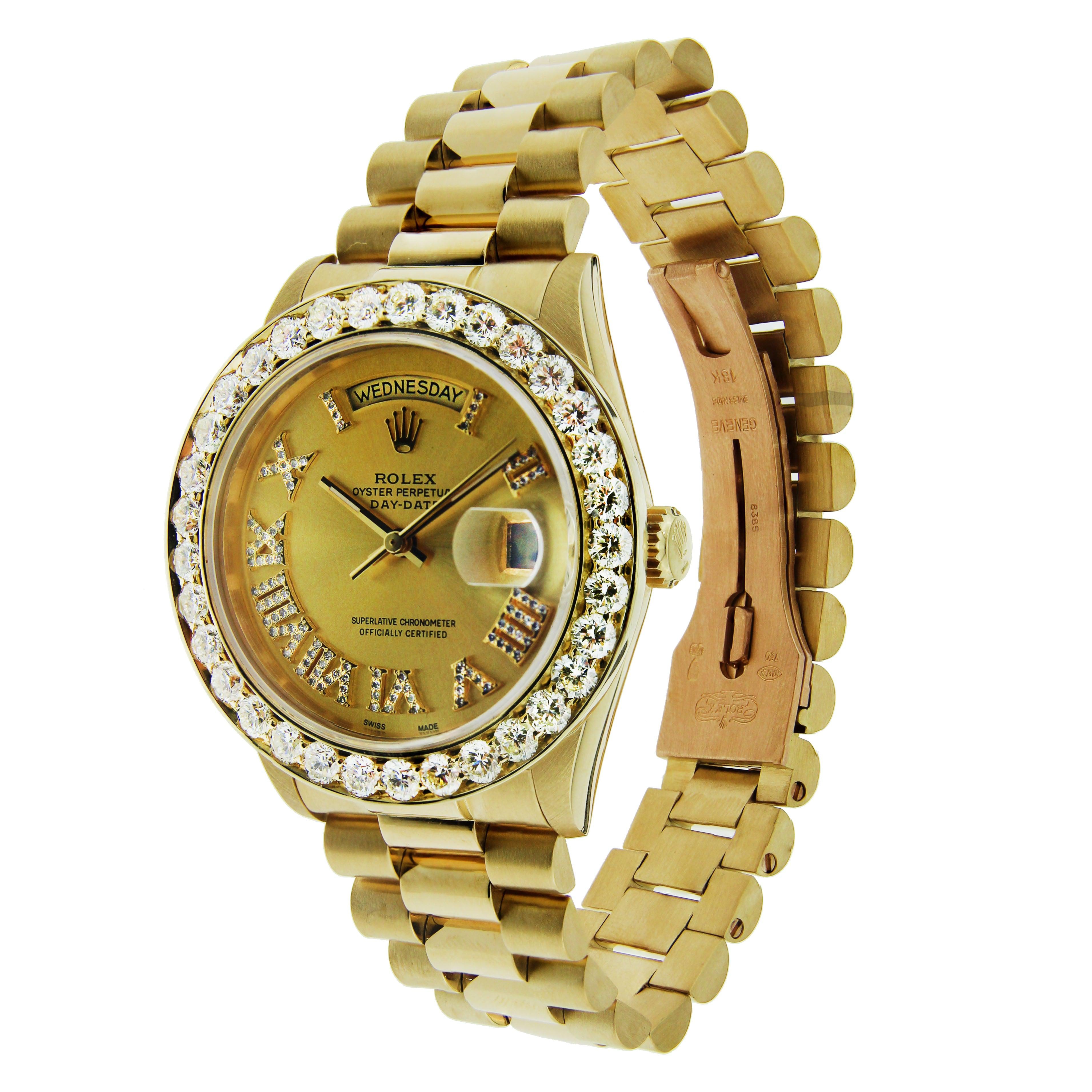 Rolex Day-Date 36MM 18038 Champagne Roman Diamond Dial Diamond Bezel 18K Yellow Gold President Bracelet 4ct