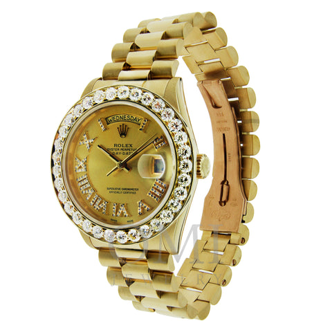 18K Yellow Gold Rolex Diamond Watch, Day Date 36mm, Champagne with Roman Numerals With 4CT Diamond Bezel
