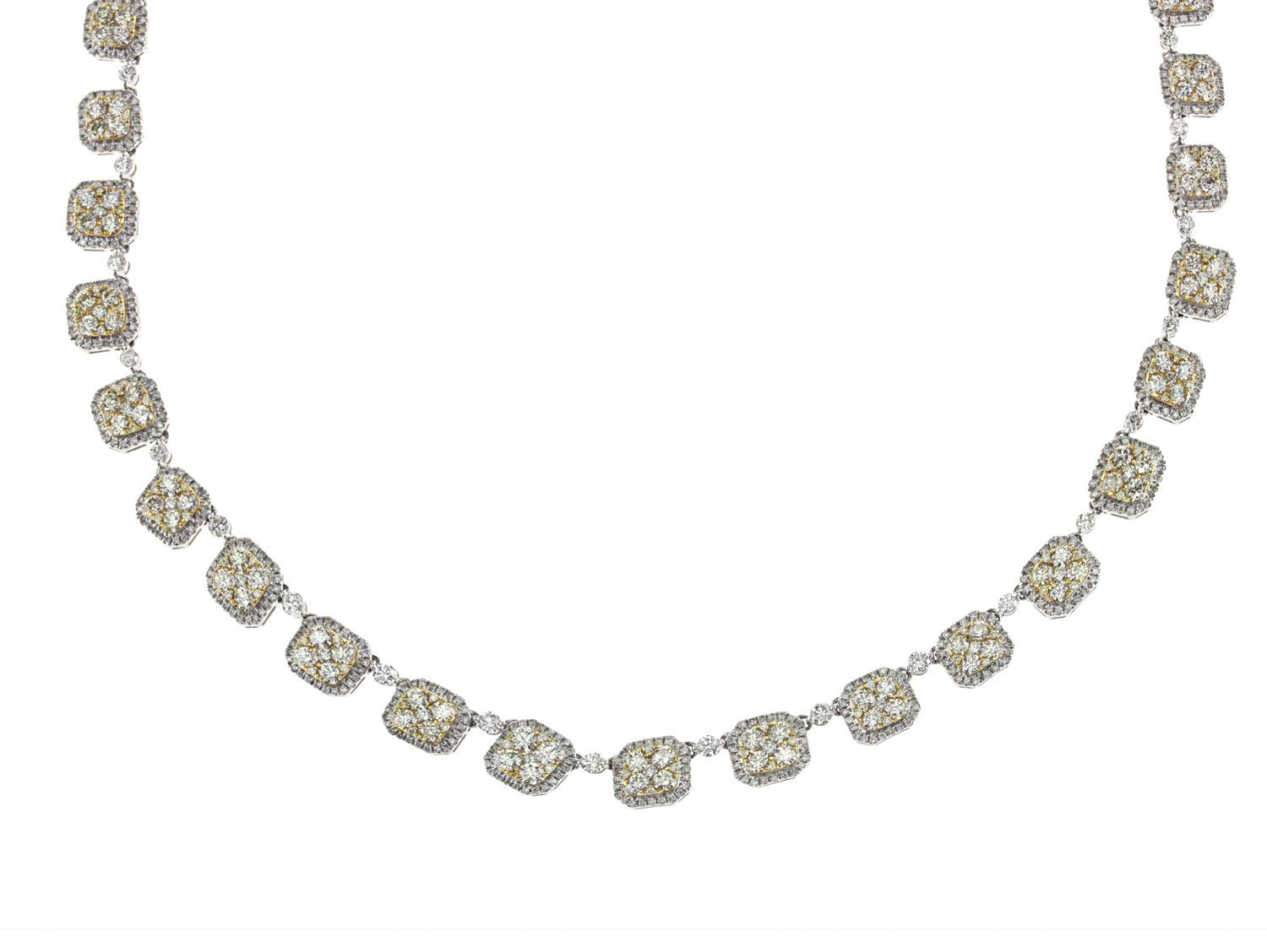 18K White Gold Fancy Necklace With White And Yellow Round Cut Diamonds Total 14.76CT
