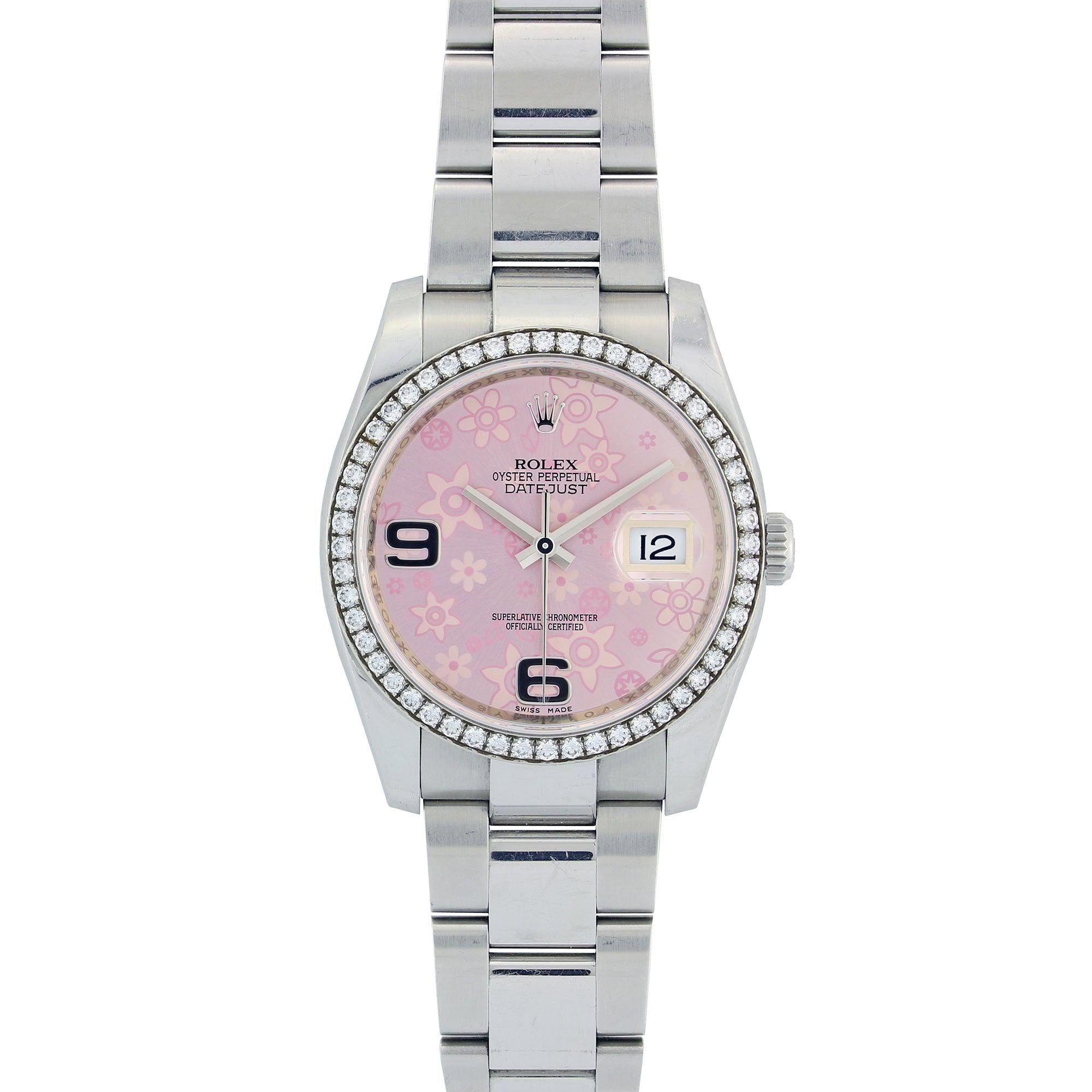 Rolex Datejust 36MM 116200 Pink Floral Dial Diamond Bezel Stainless Steel Oyster Bracelet