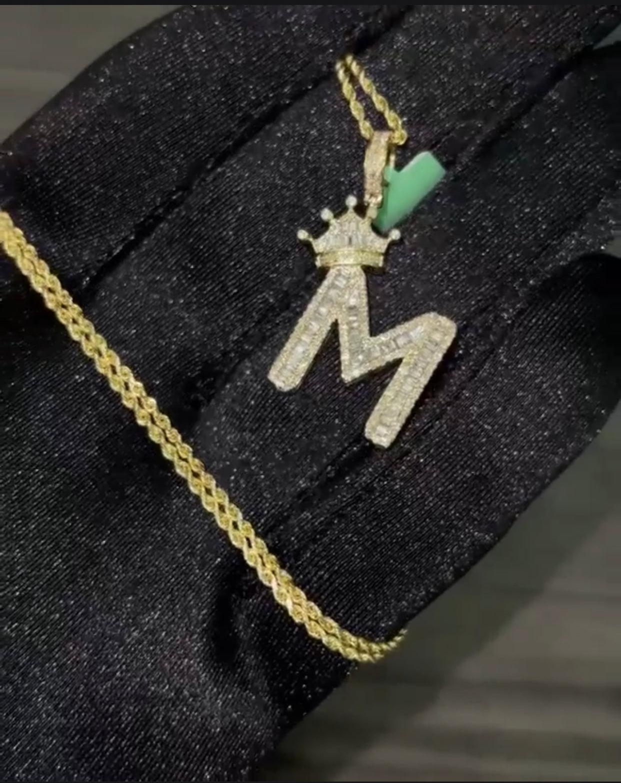 14k yellow Letter M Pendant with crown and 18” chain