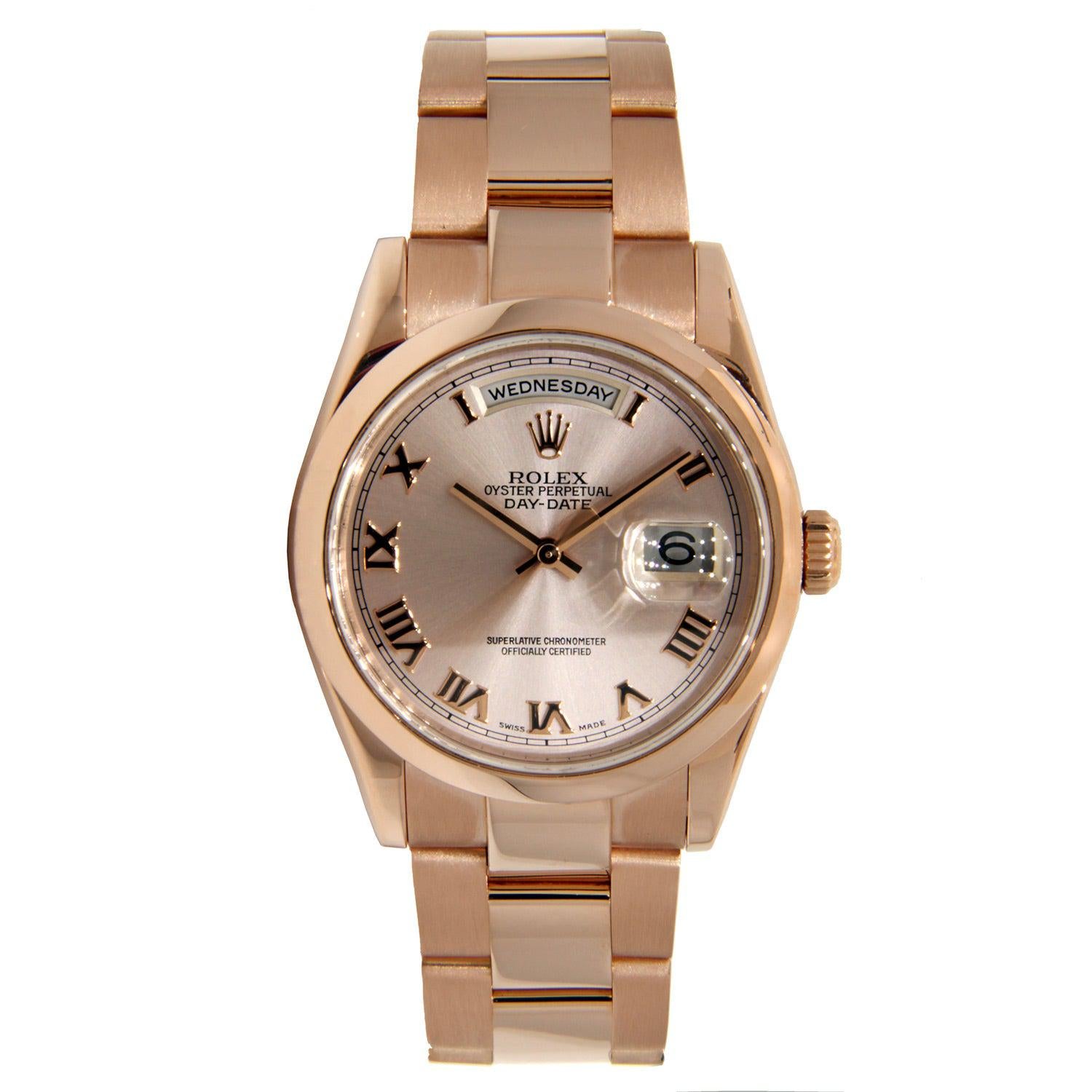 Rolex Day-Date 36MM 118205 Sundust Roman Dial Rose Gold Smooth Bezel 18K Yellow Gold Oyster Bracelet