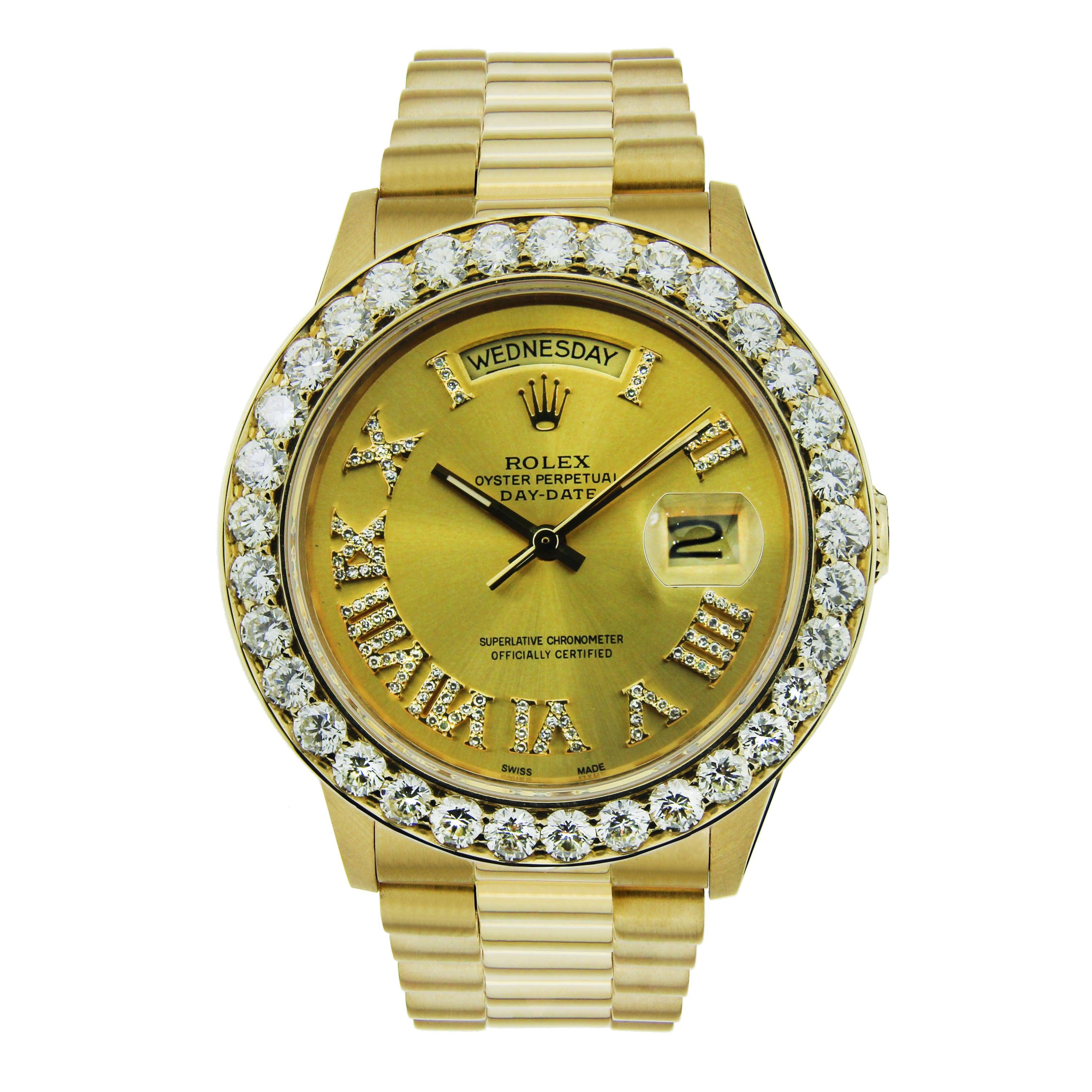 Rolex Day-Date 36MM 18038 Champagne Roman Diamond Dial Diamond Bezel 18K Yellow Gold President Bracelet 4ct
