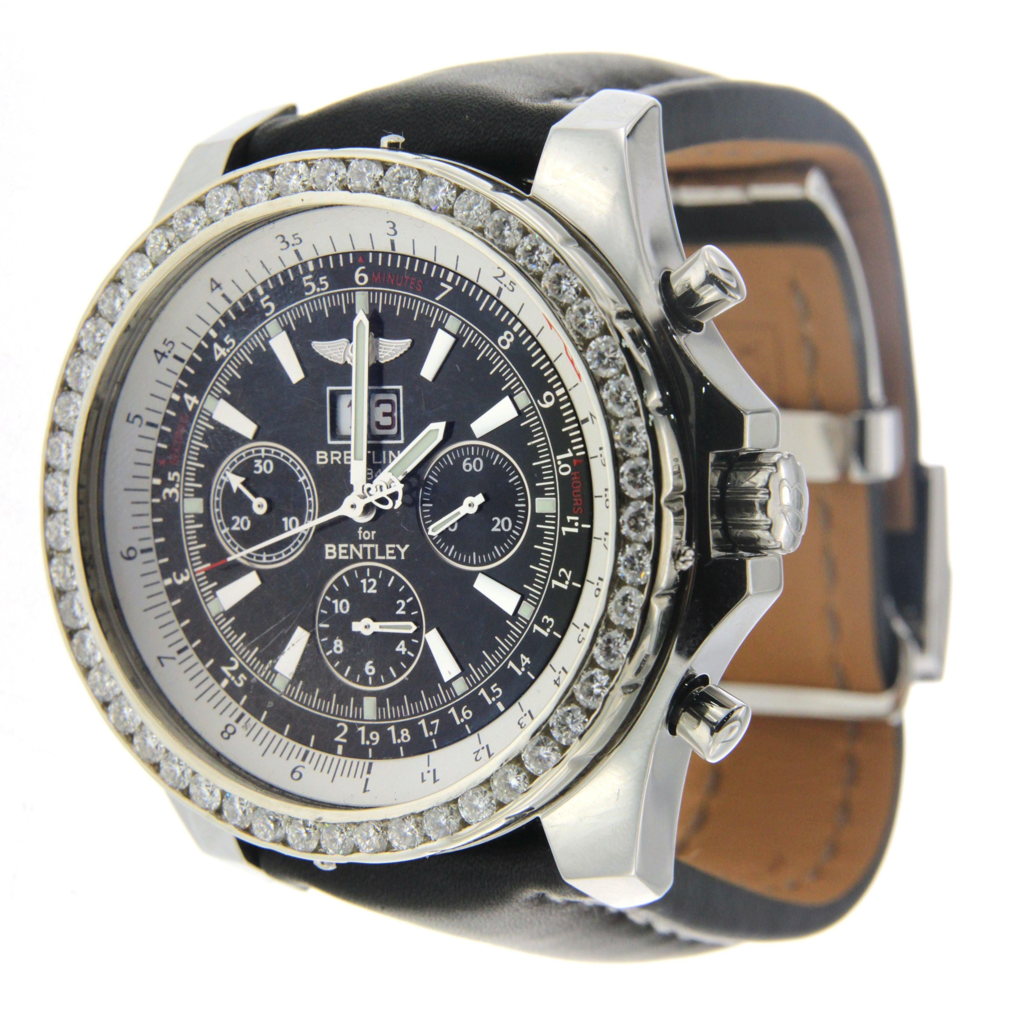 Breitling Bentley 6.75 48MM A44364 Black Dial Diamond Bezel Black Leather Strap