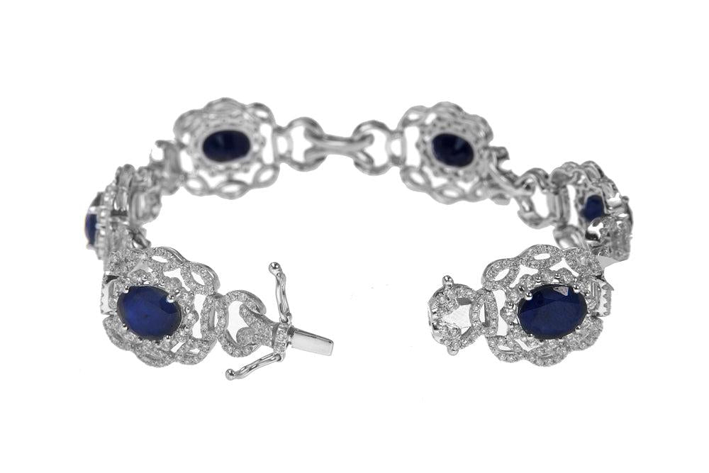 18K White Gold Blue Sapphire Gemstone Bracelet With 5.00 CT Round Diamonds 14.54 CTW