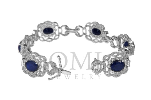 18K White Gold Blue Sapphire Gemstone Bracelet With 5.00 CT Round Diamonds 14.54 CTW